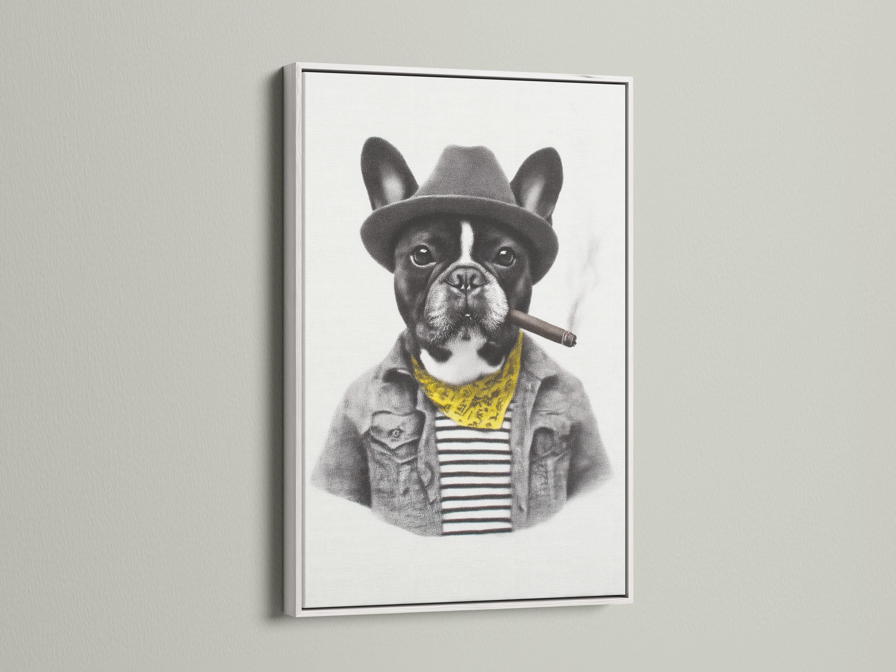 Black and white bulldog portrait wearing a hat and yellow scarf with a cigar detail view