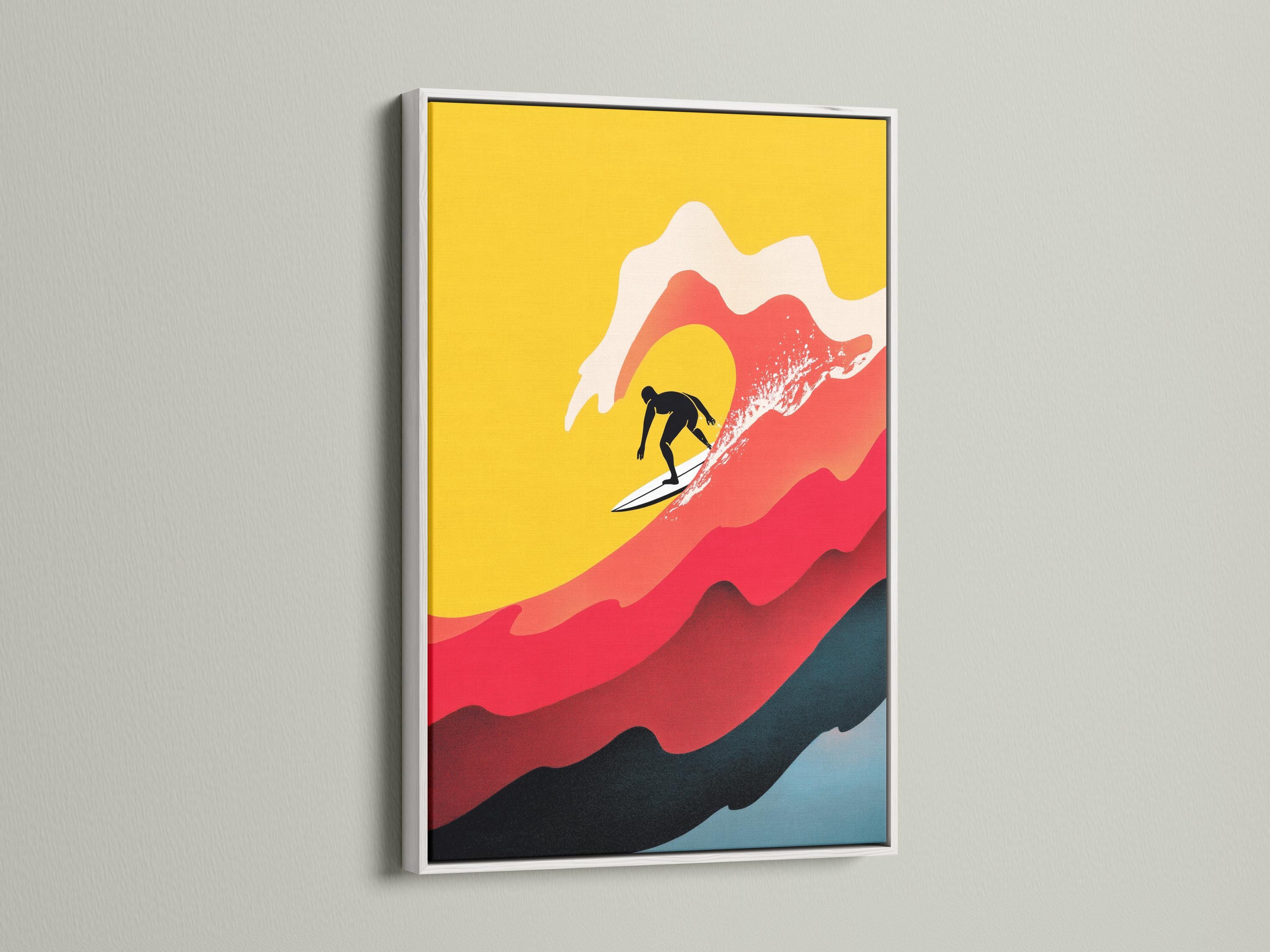 Stylised surfer silhouette on a white surfboard riding red and off-white waves over a yellow background detail view