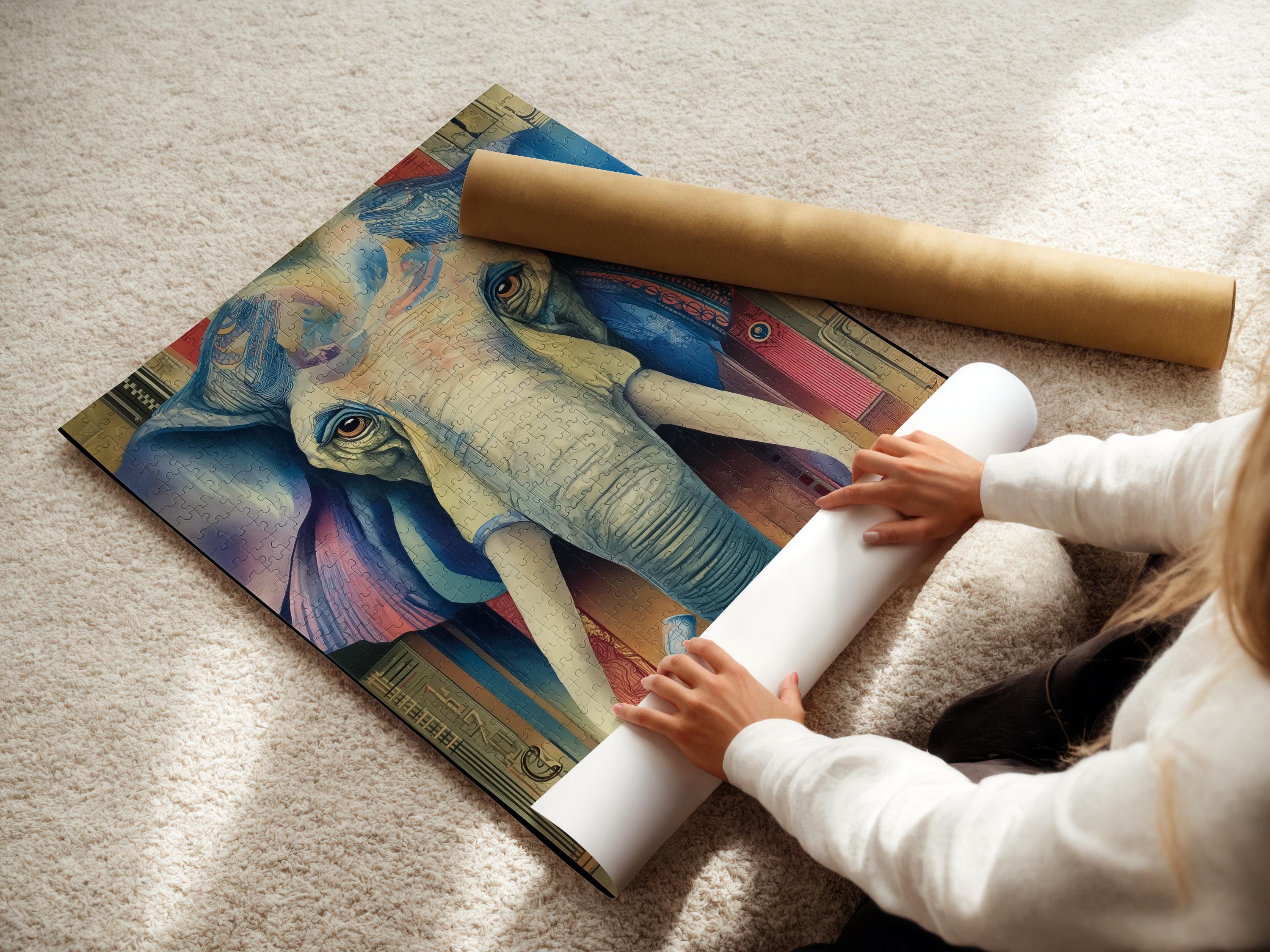 A stylised blue elephant portrait with patterned, map-like details sits centre-stage within a colourful, vintage-inspired background detail view