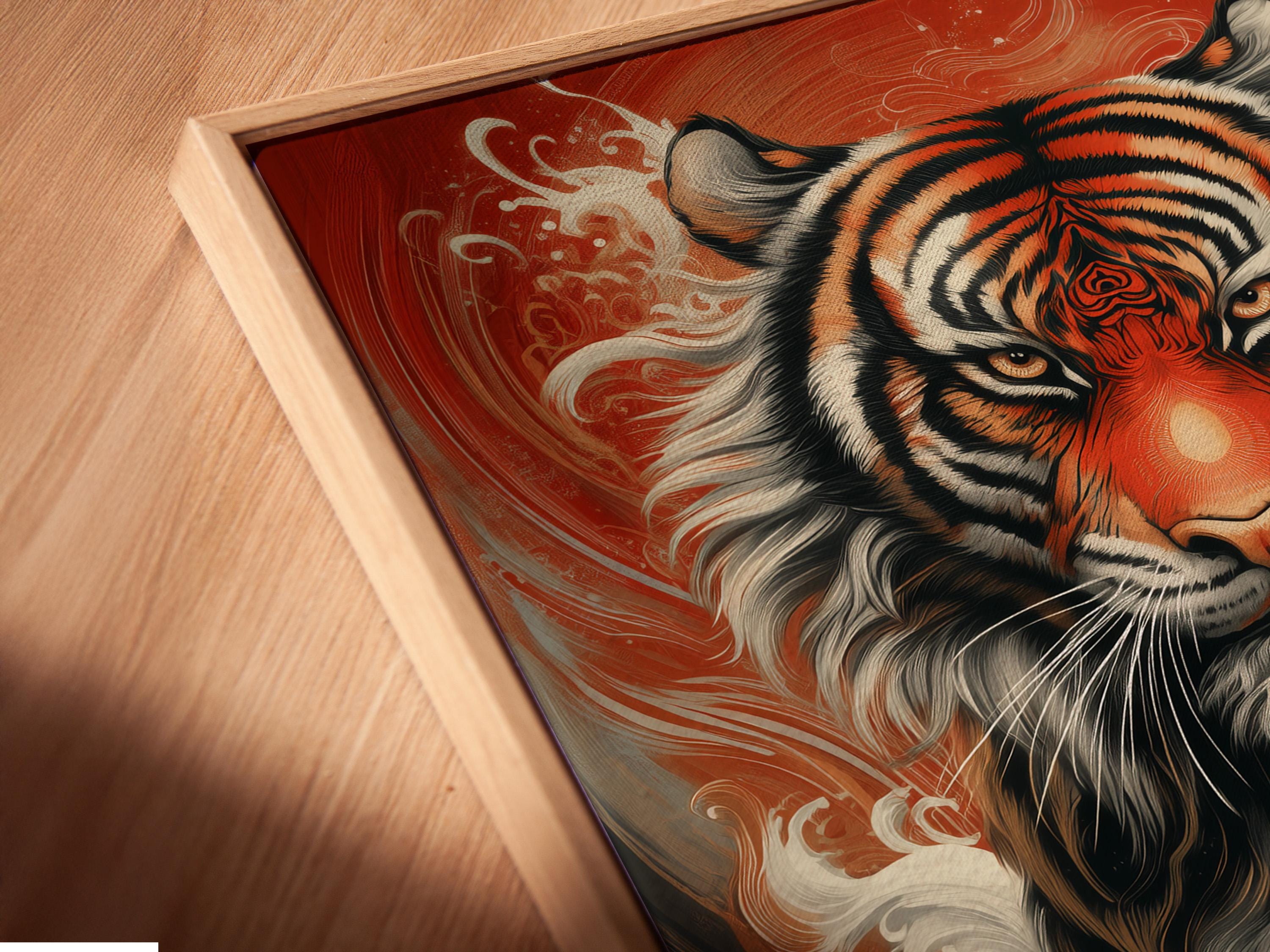 Tiger portrait artwork with red background, swirling wave designs, and gold and white highlights detail view