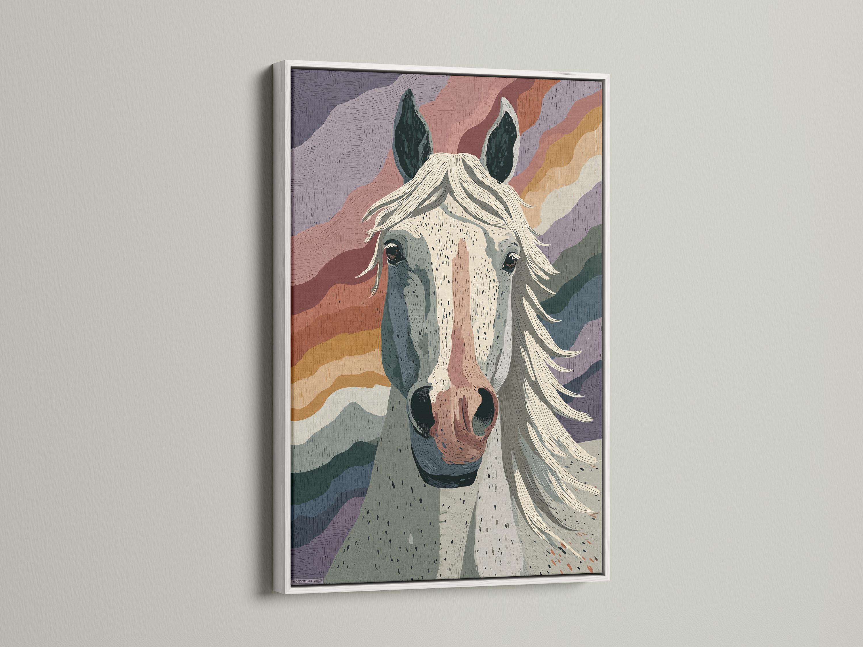 Abstract portrait of a horse head with cream muzzle, dark ears and flowing mane over layered wave-like bands detail view