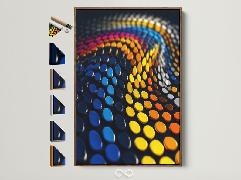 Abstract dots wave in blue, purple, yellow and orange on a dark background