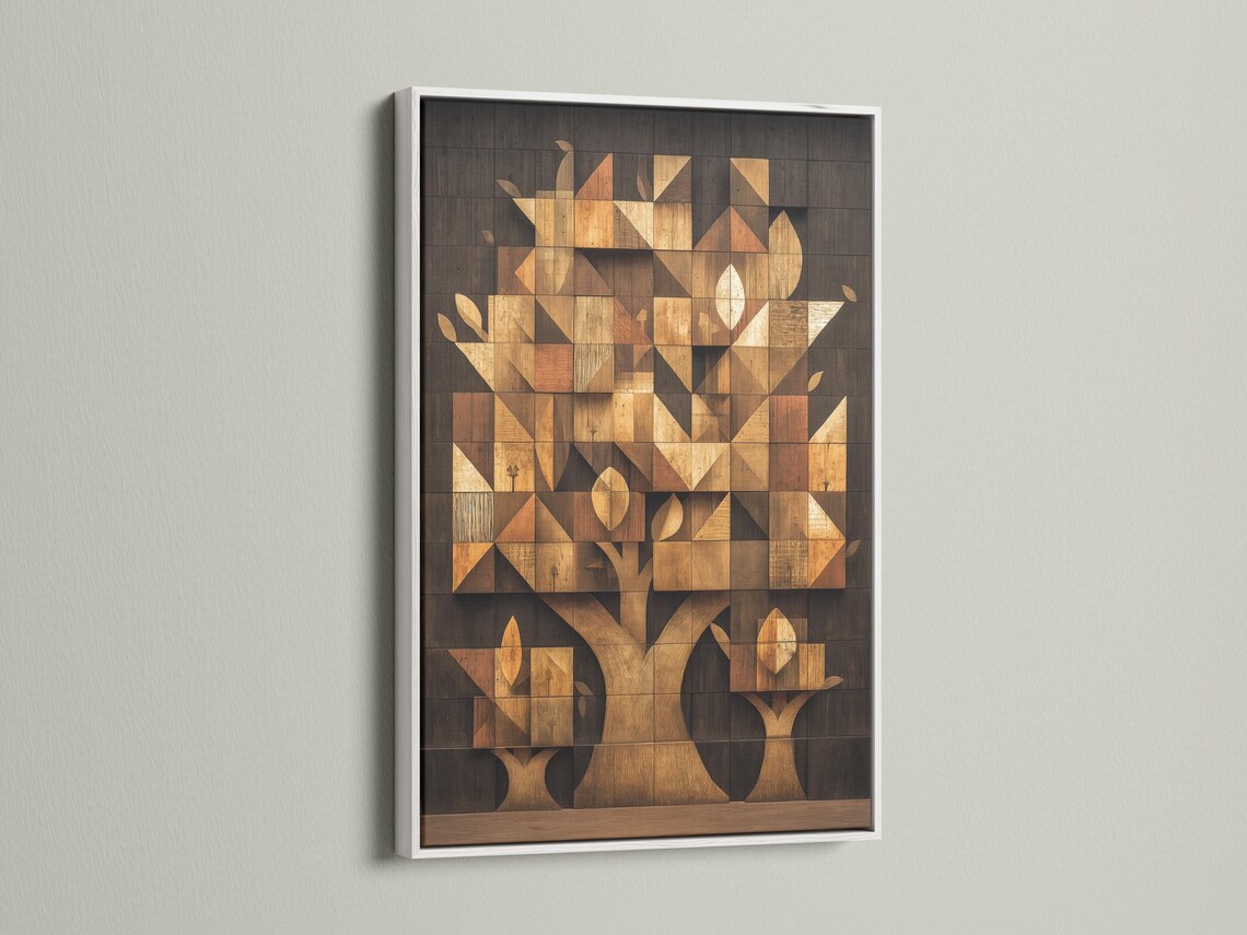 Geometric tree mosaic artwork with interlocking blocks in beige, tan, charcoal and gold tones detail view