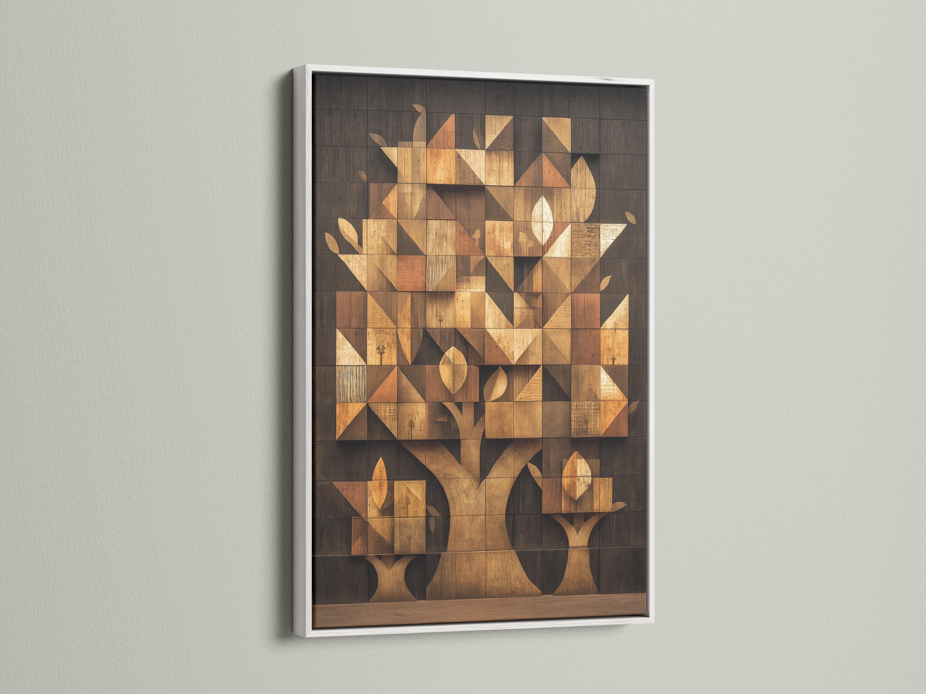 Geometric tree mosaic artwork with interlocking blocks in beige, tan, charcoal and gold tones detail view