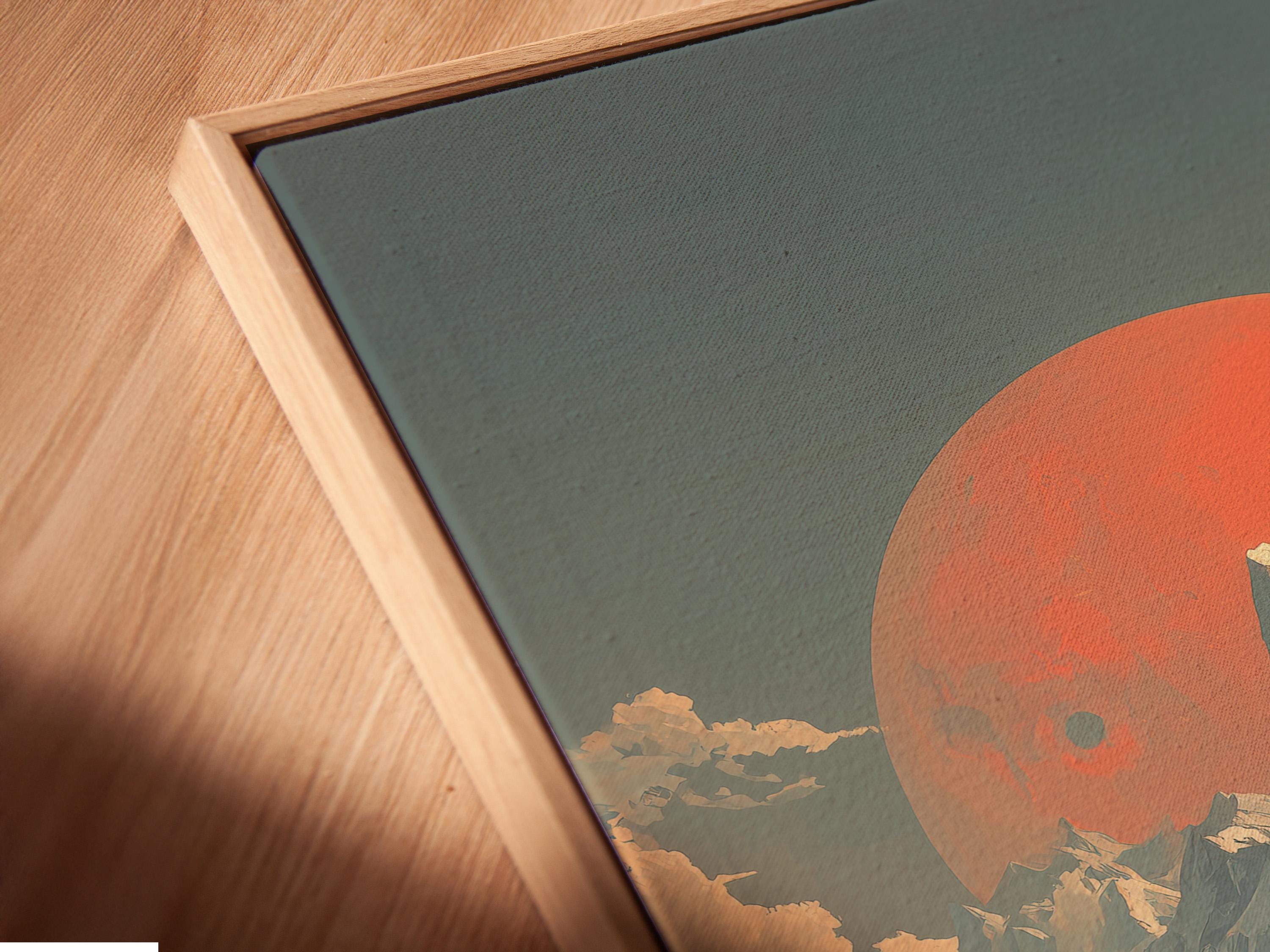 Framed stylised mountain sunset landscape artwork shown in a mock display