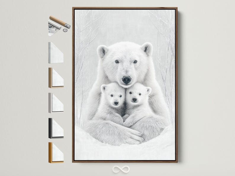 Monochrome polar bear mother and two cubs with faint winter tree-branch outlines
