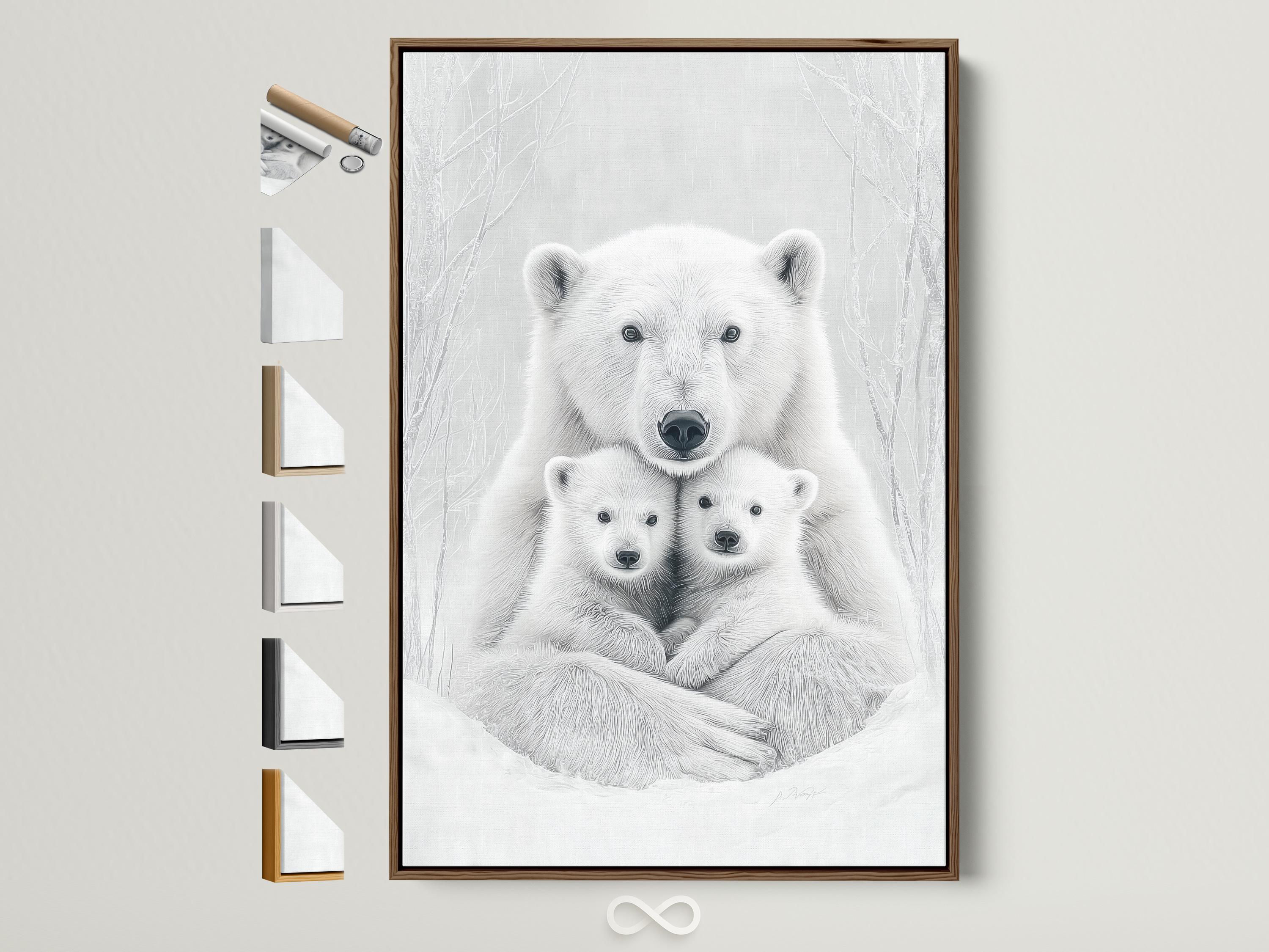 Monochrome polar bear mother and two cubs with faint winter tree-branch outlines