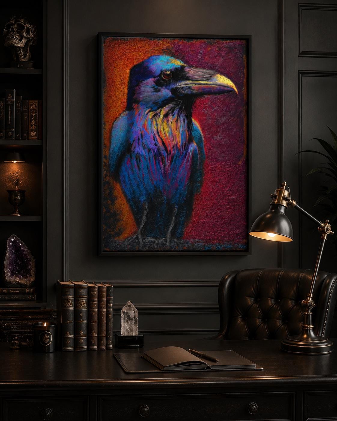A raven portrait artwork displayed in a barbershop setting
