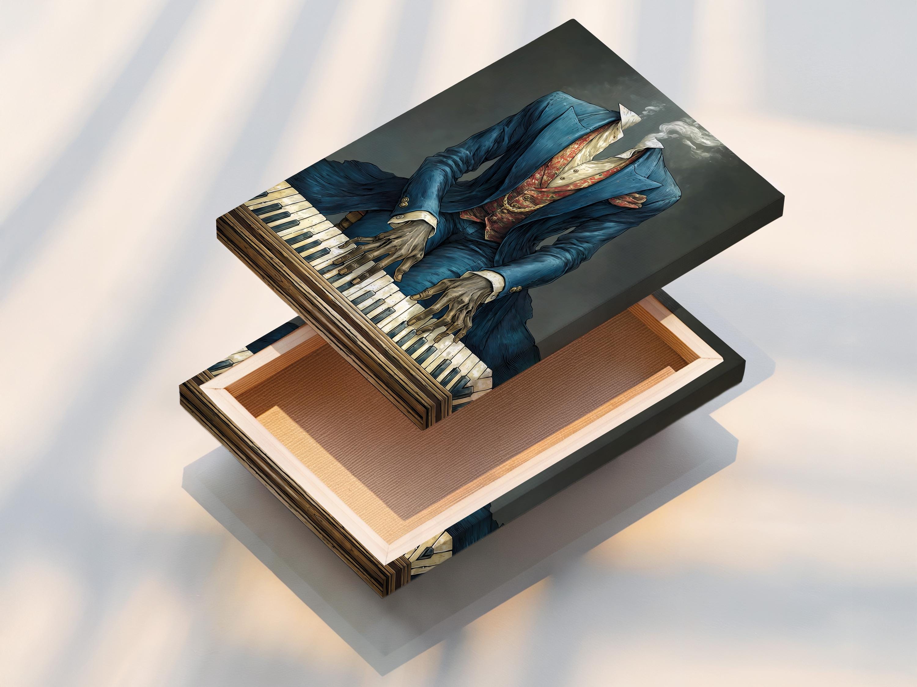 Headless pianist in a blue suit playing an illustrated piano with smoke-like curls behind detail view