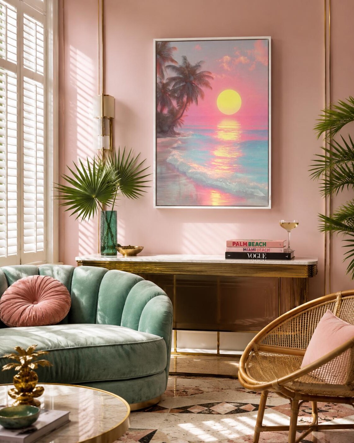 A framed tropical seascape shows a bright yellow sun over pink and turquoise water, with palm silhouettes and glowing reflections detail view
