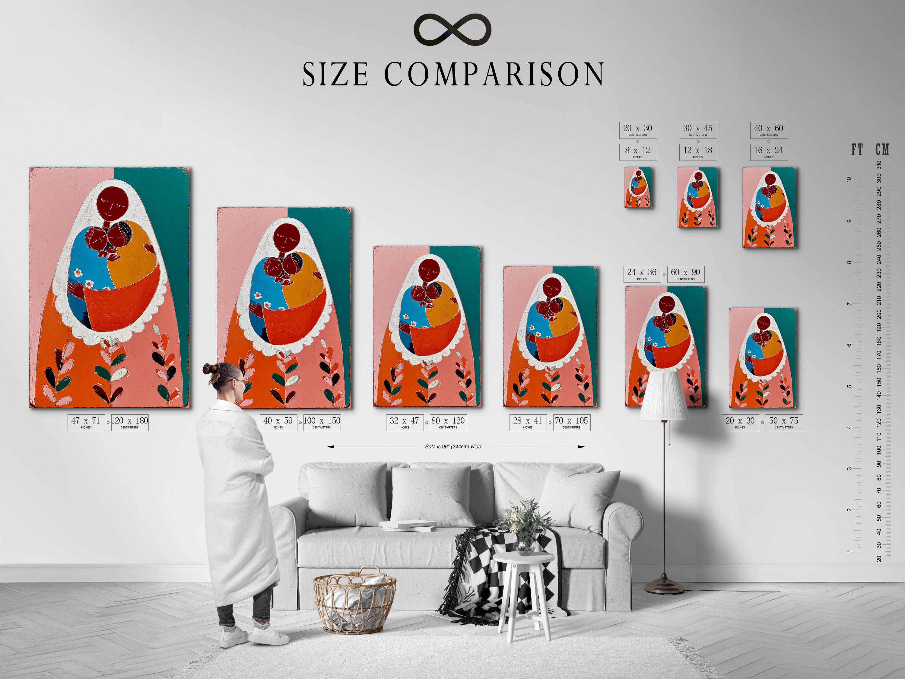 Framed mother and child portrait artwork in pink and teal colours in a mockup scene