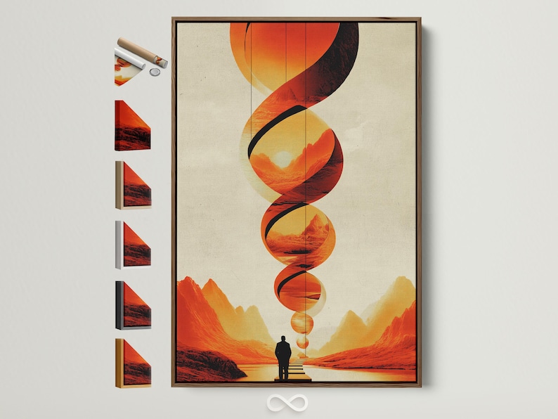 Surreal landscape with overlapping orange circles, black curved bands and a lone figure on a path