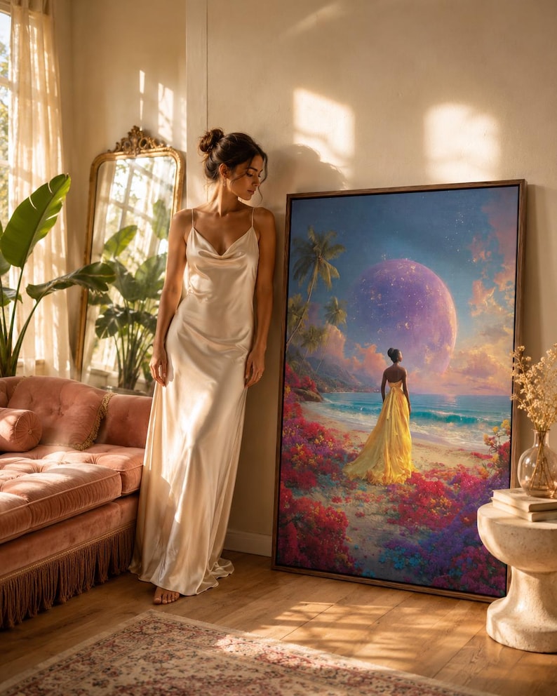 Woman in a gold dress on a tropical beach with bright flowers, palm trees, and a purple sun