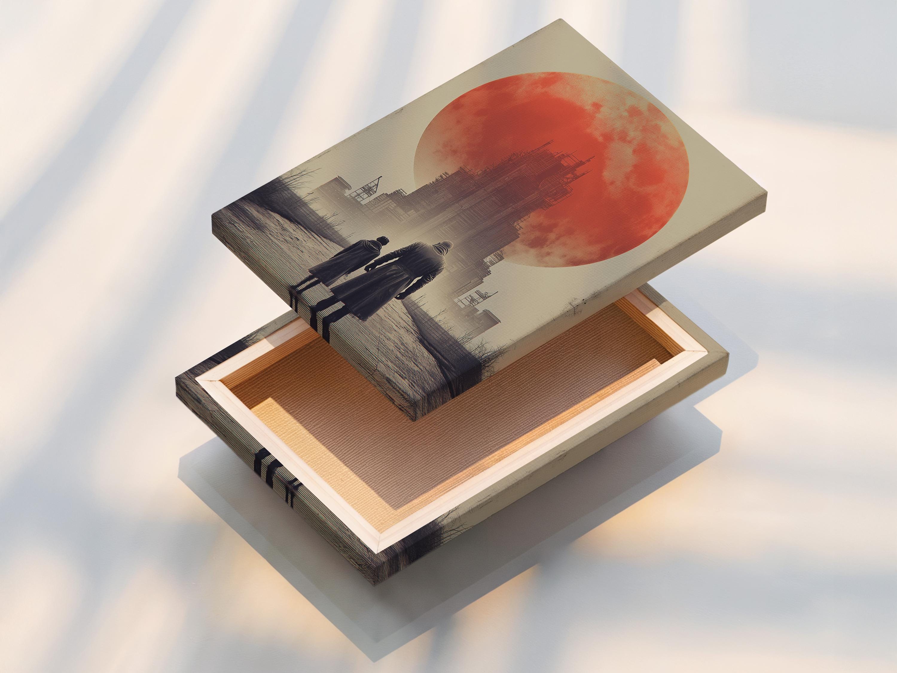 Dystopian scene of two people walking toward an industrial building under a large red sun detail view