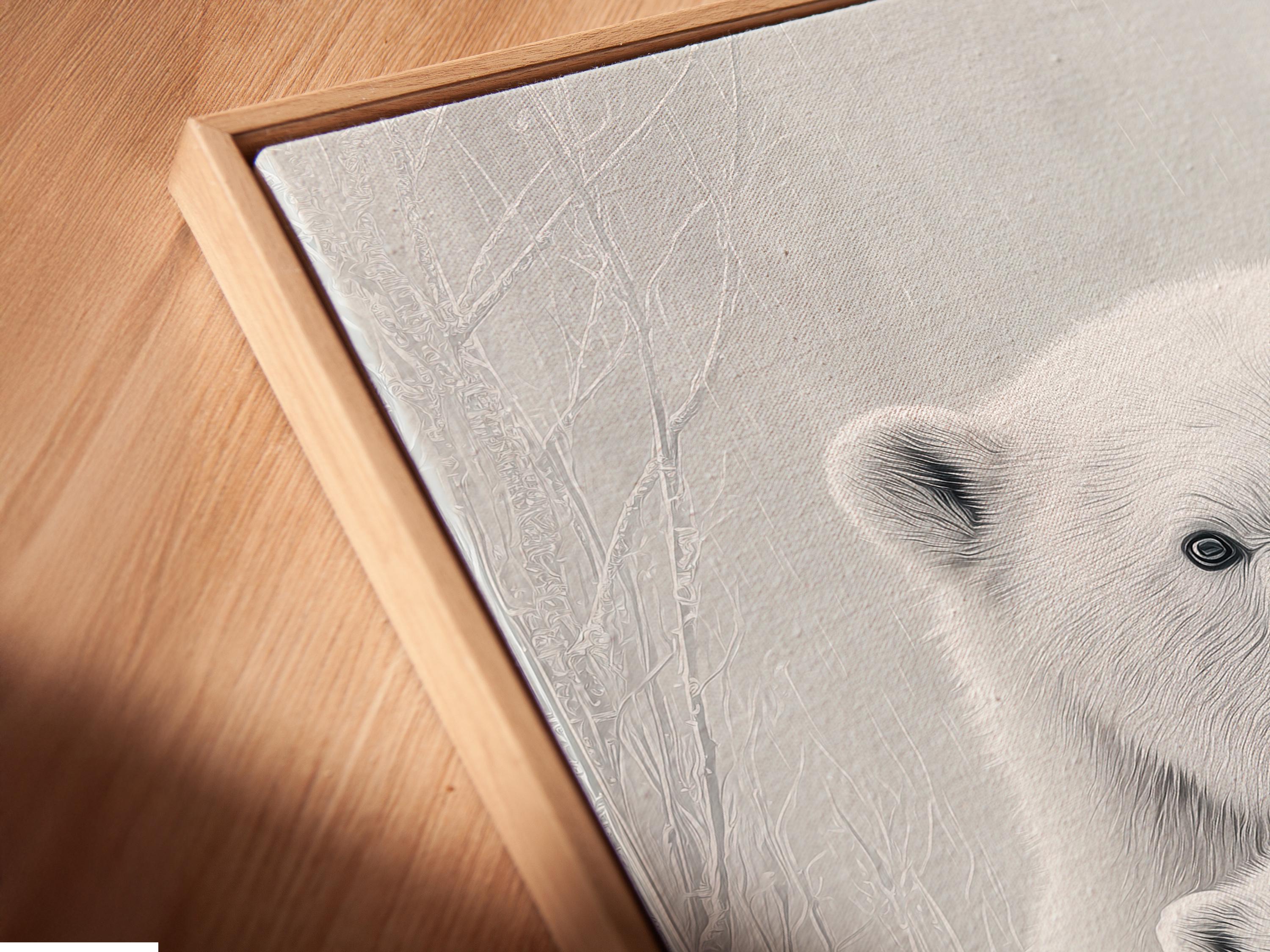 Monochrome polar bear mother and two cubs with faint winter tree-branch outlines detail view