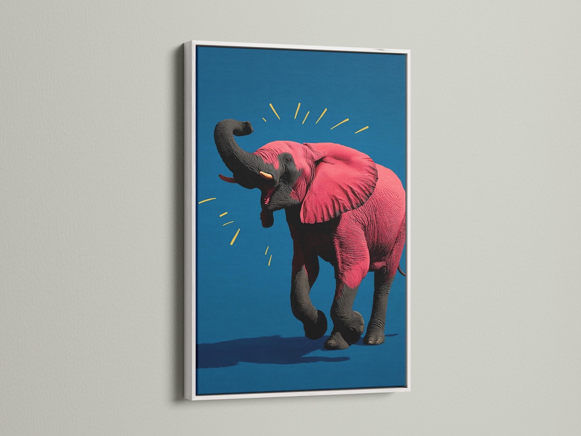 Elephant artwork in a framed mockup on a light background