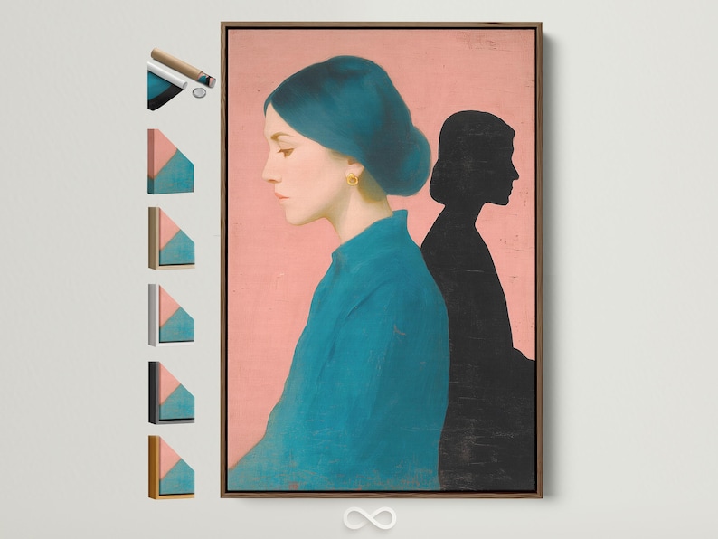 Teal and black dual portrait silhouette of two women on a pink textured background