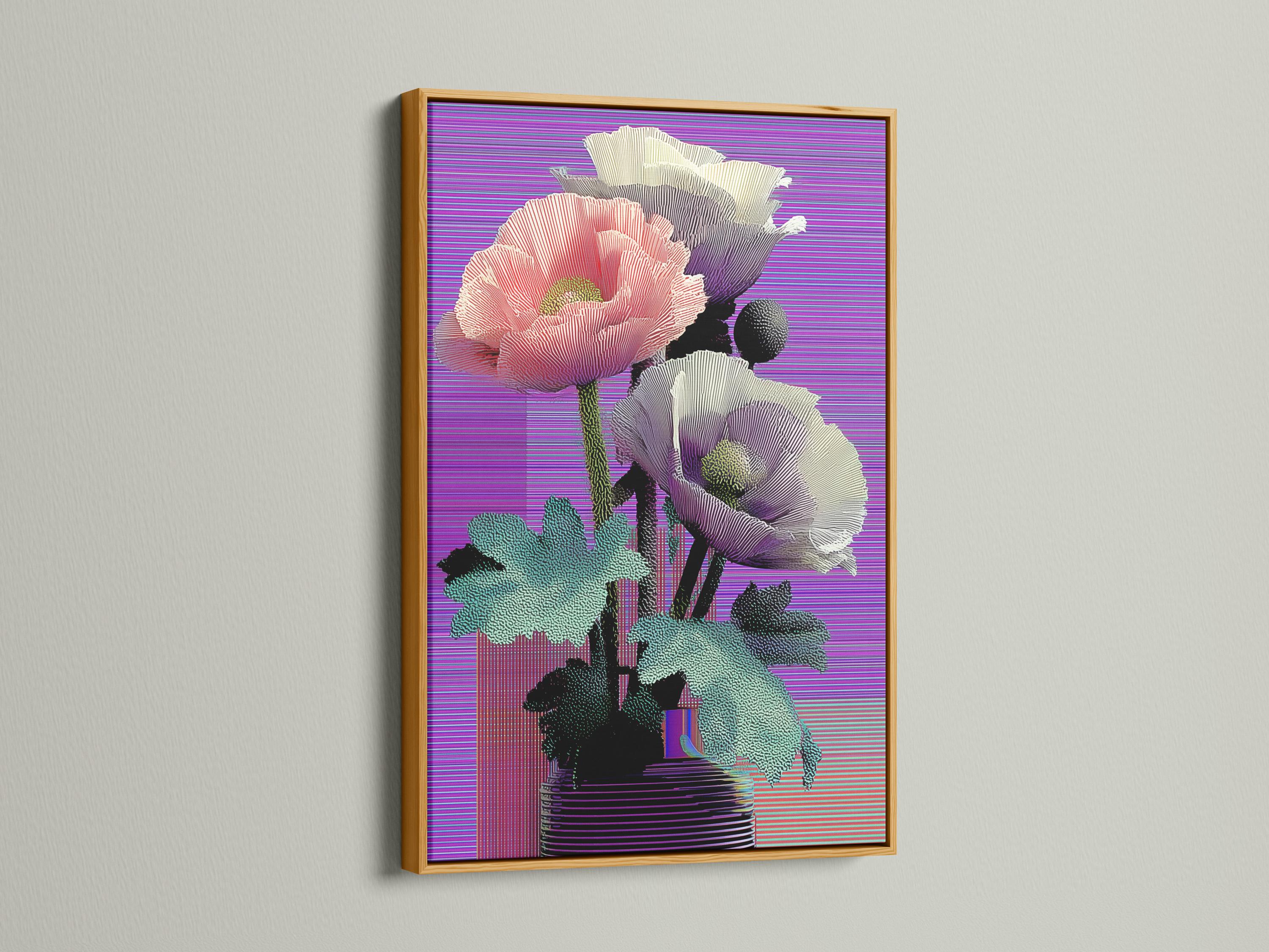 Retro glitch poppy flowers in pink, purple and teal with a striped vase and horizontal purple lines detail view