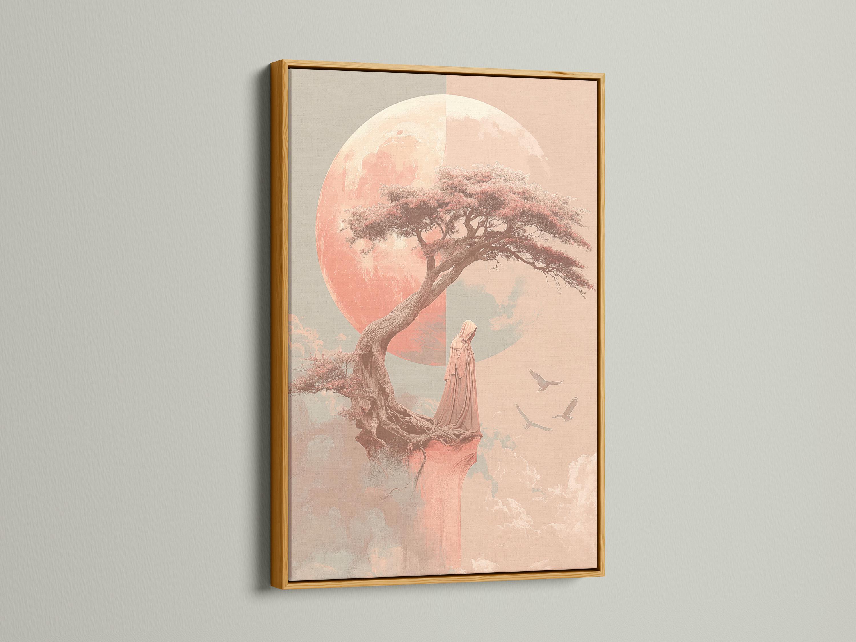 Coral pink moonlit tree with a robed figure and birds in flight detail view