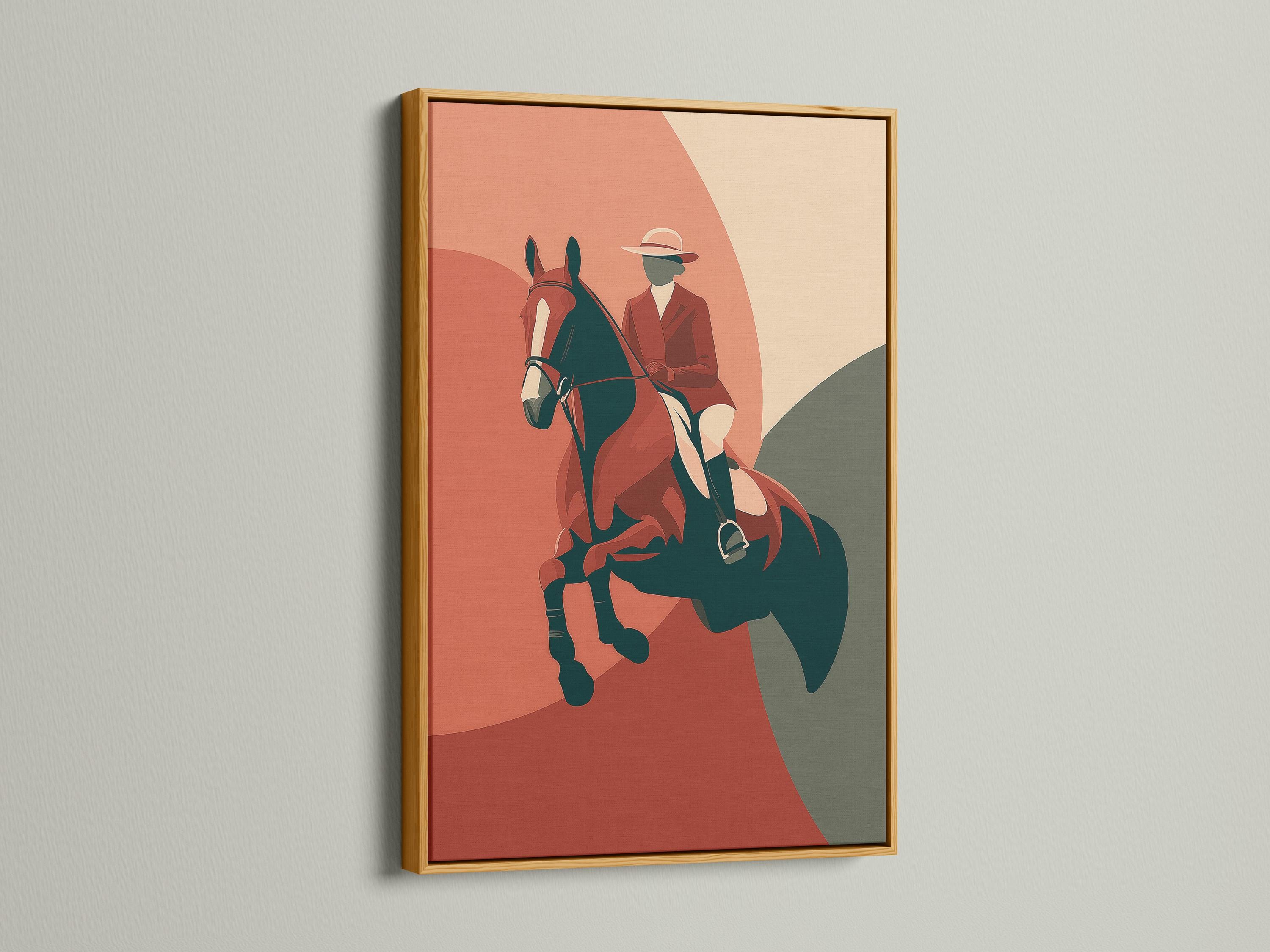 A stylised equestrian rider sits on a dark horse, set against a warm rust-red and beige abstract background with bold green and grey shapes detail