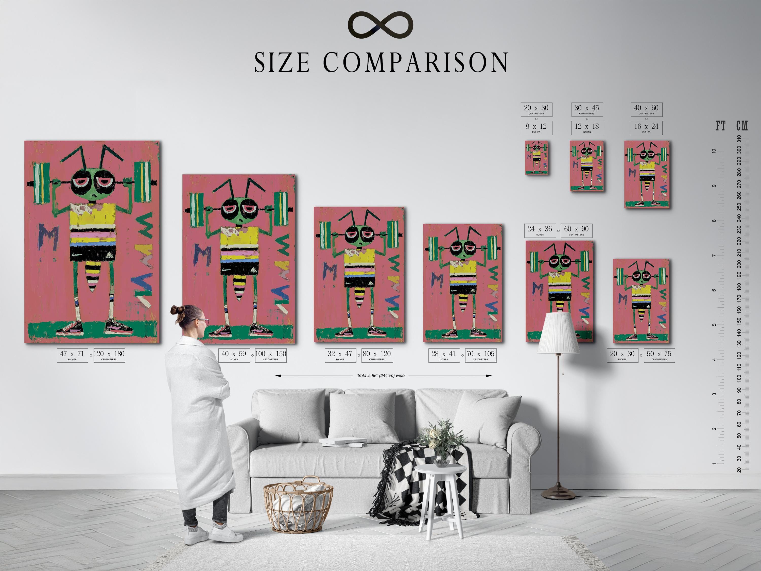 Cartoon bug character with large eyes, pink background, and green and yellow striped body detail view