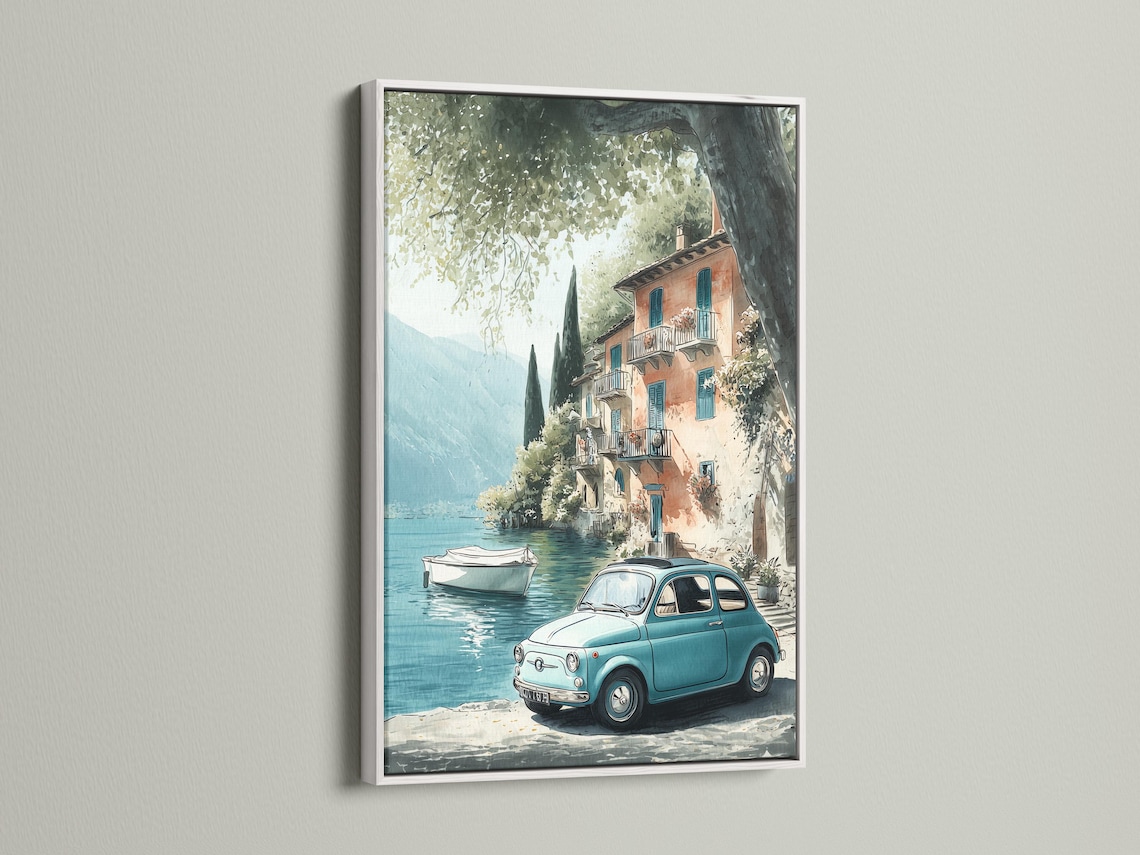 Painterly lakeside village scene with blue water, pastel houses, leafy trees and a light-blue vintage car detail view
