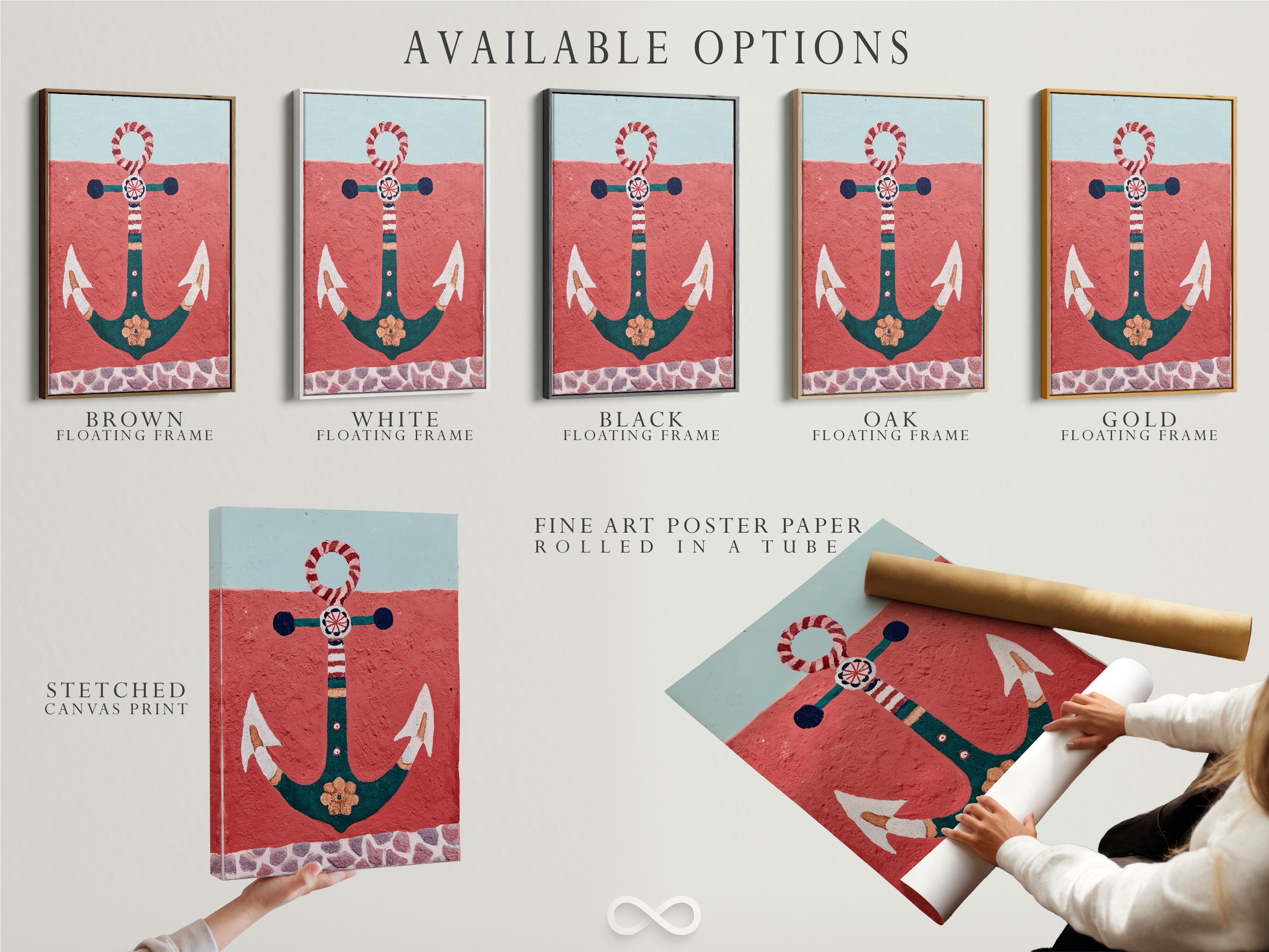 Illustrated nautical anchor with a red-and-white lifebuoy ring on a textured red background detail view