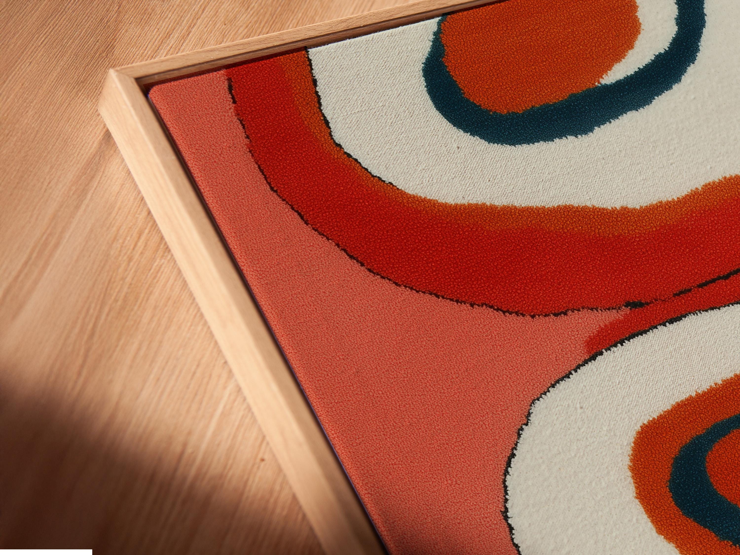 Coral and navy abstract artwork with retro ring shapes and off-white circular centres detail view