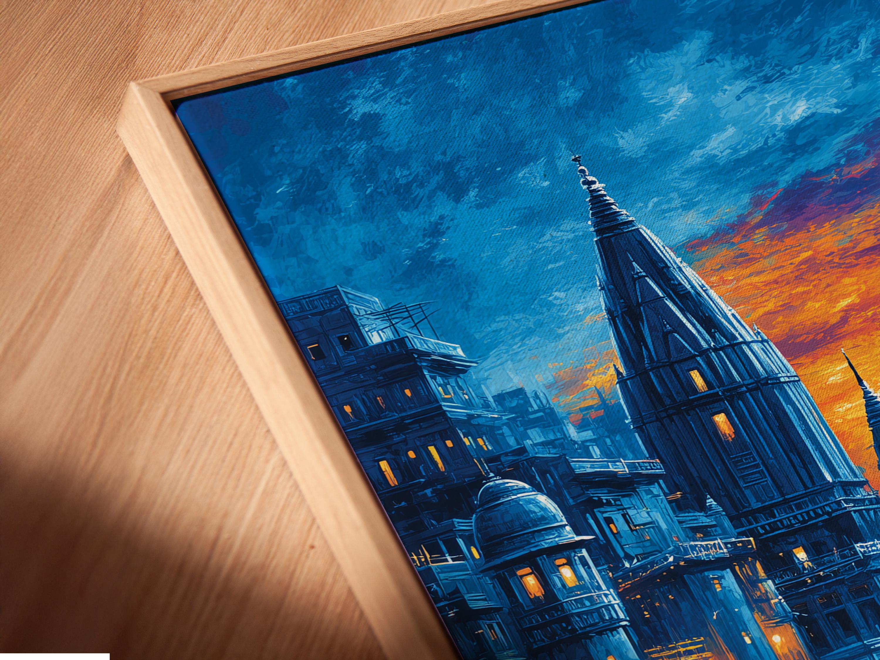 Blue sunset cityscape with temple-like towers above a river, boats, and golden reflections detail view