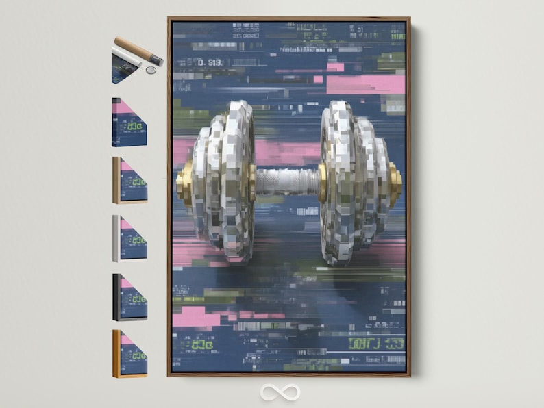 Glitch-style dumbbell in silver grey with cyberpunk blue, pink and green blocks
