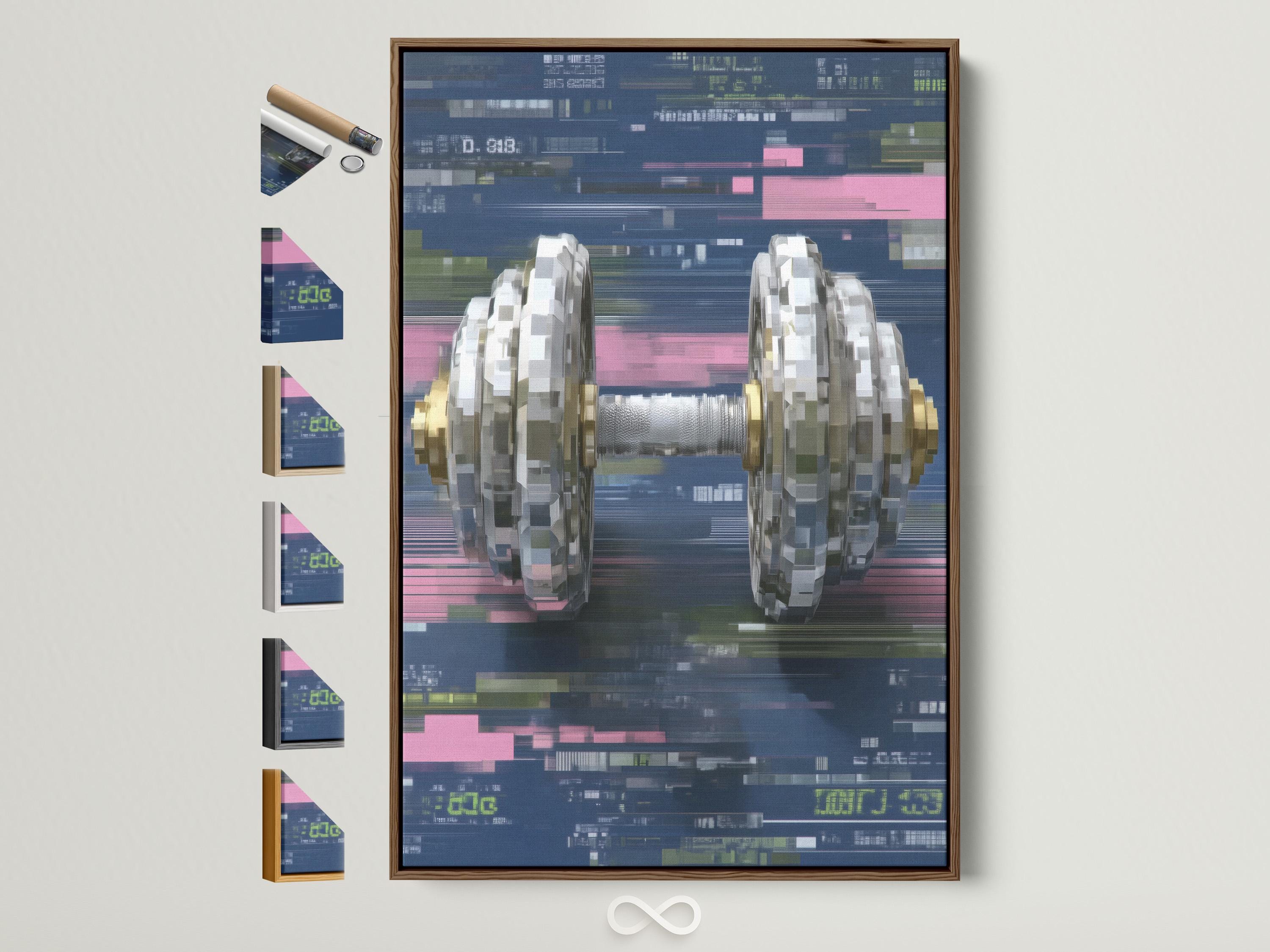 Glitch-style dumbbell in silver grey with cyberpunk blue, pink and green blocks