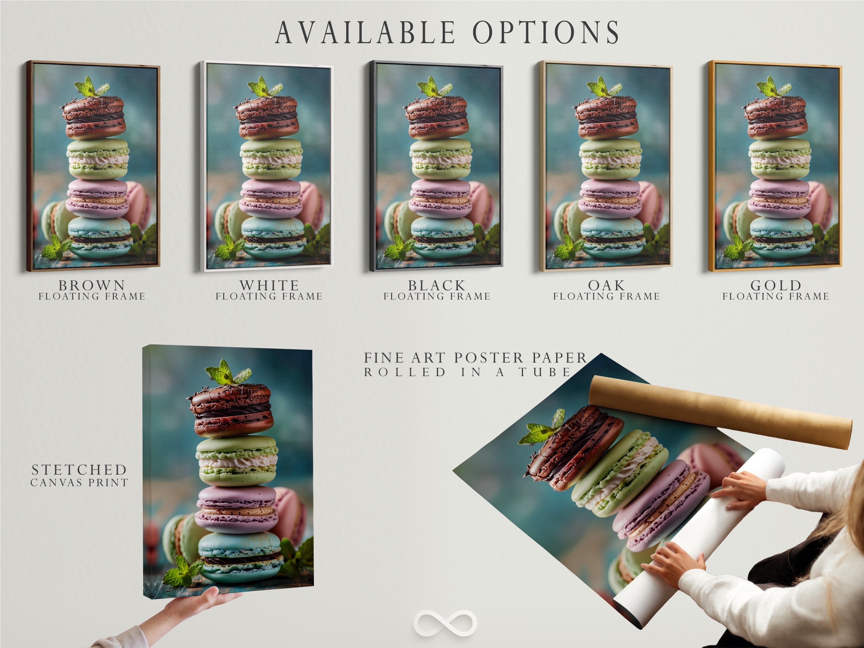 Close-up artwork of pastel macarons with mint leaves on a muted blue background