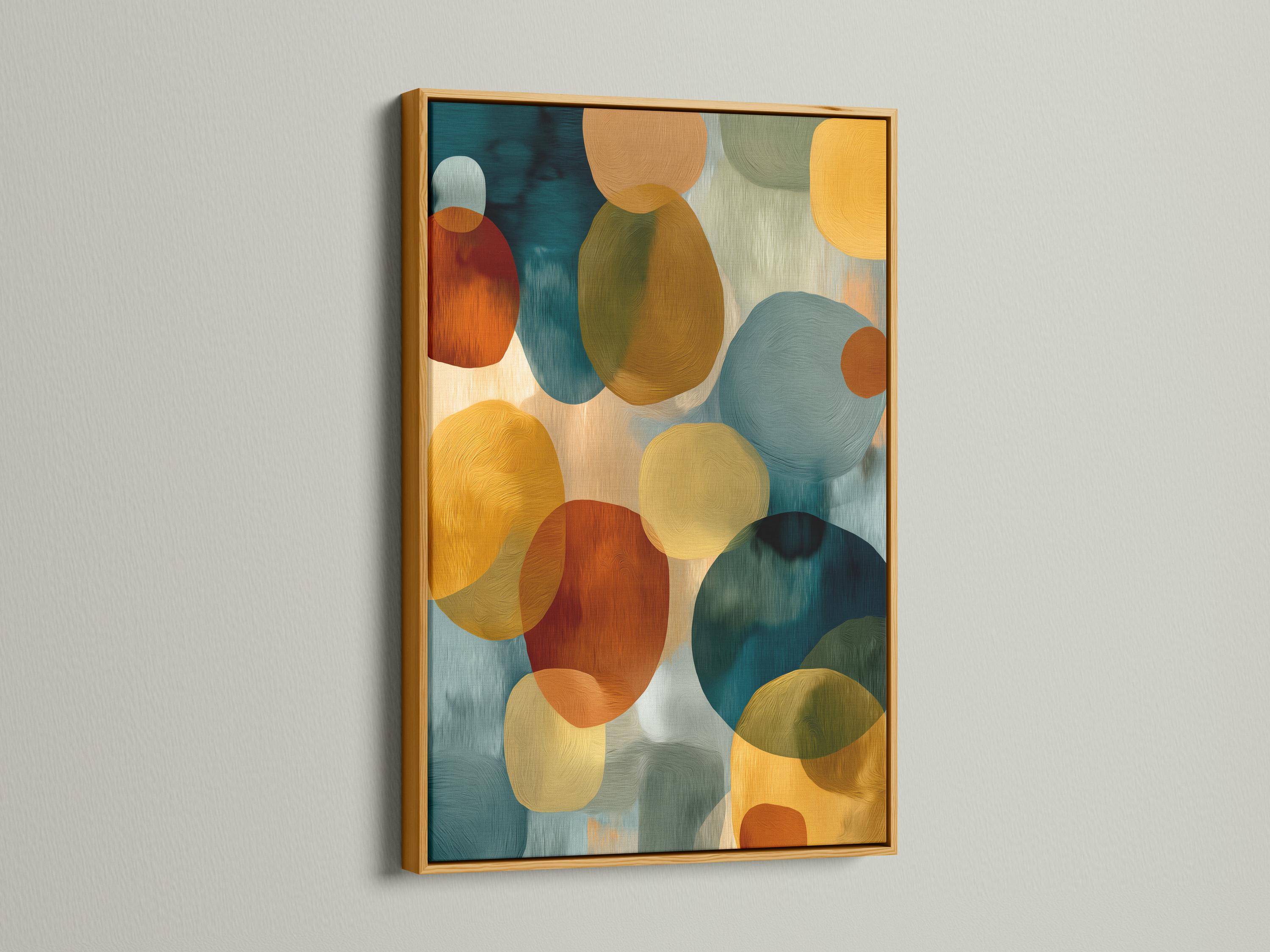 Framed abstract circle artwork with teal, cream, rust and mustard circles on a pale background