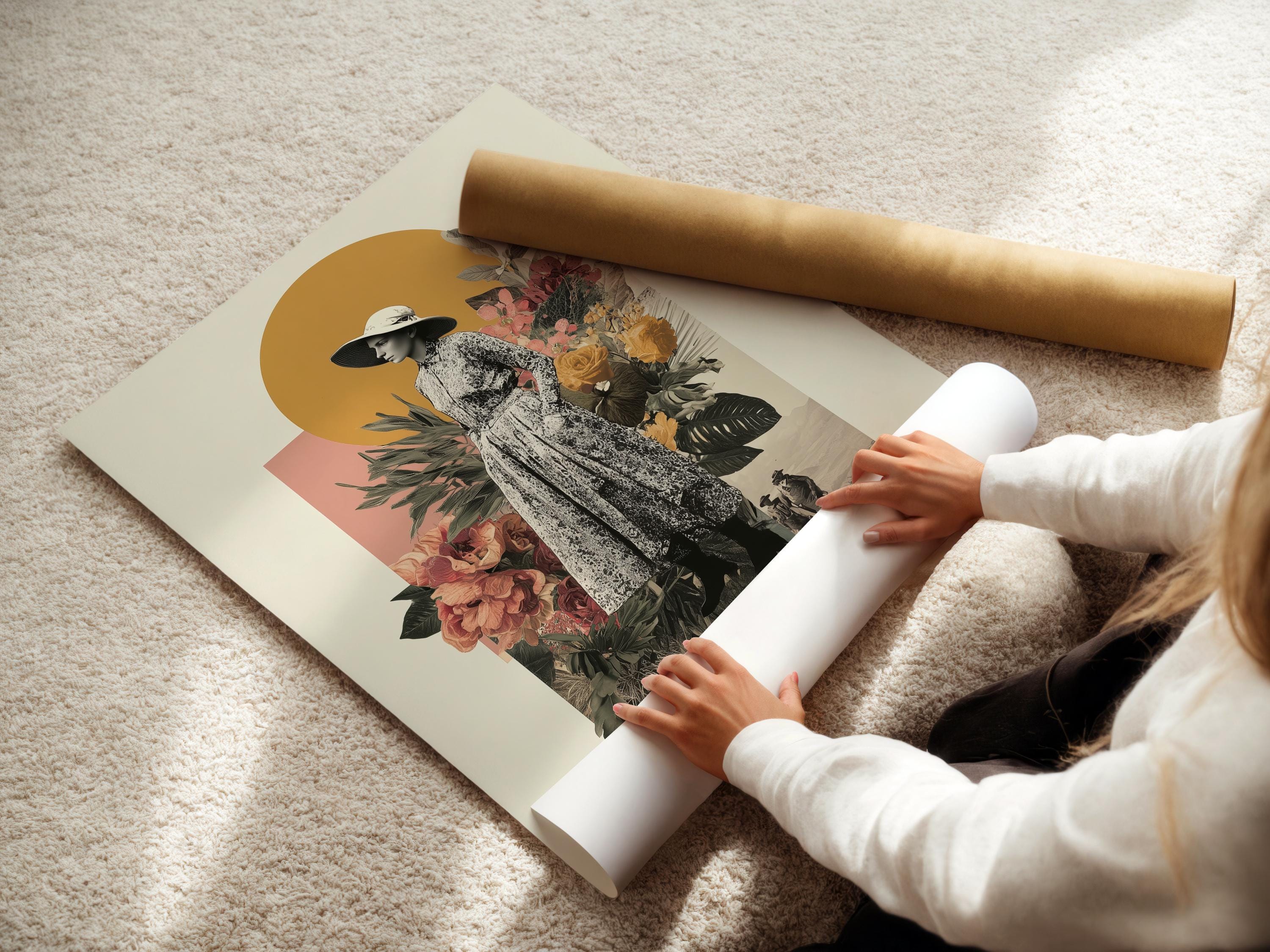 Vintage collage of a woman in a hat with tropical leaves and flowers against an ochre sun disc detail view