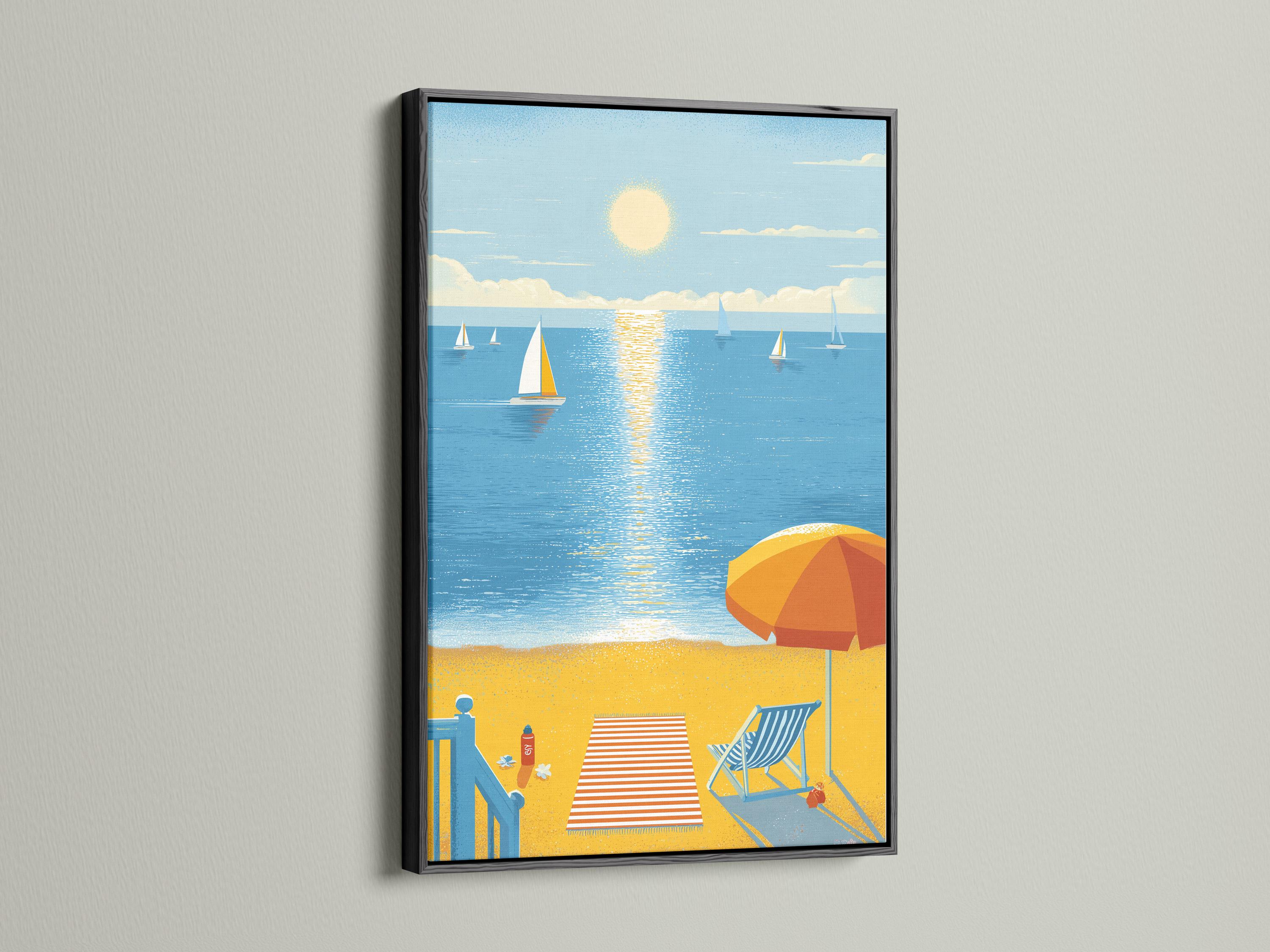 Illustrated beach and ocean scene with sailboats, a glowing sun, and an orange umbrella on sandy shore detail view