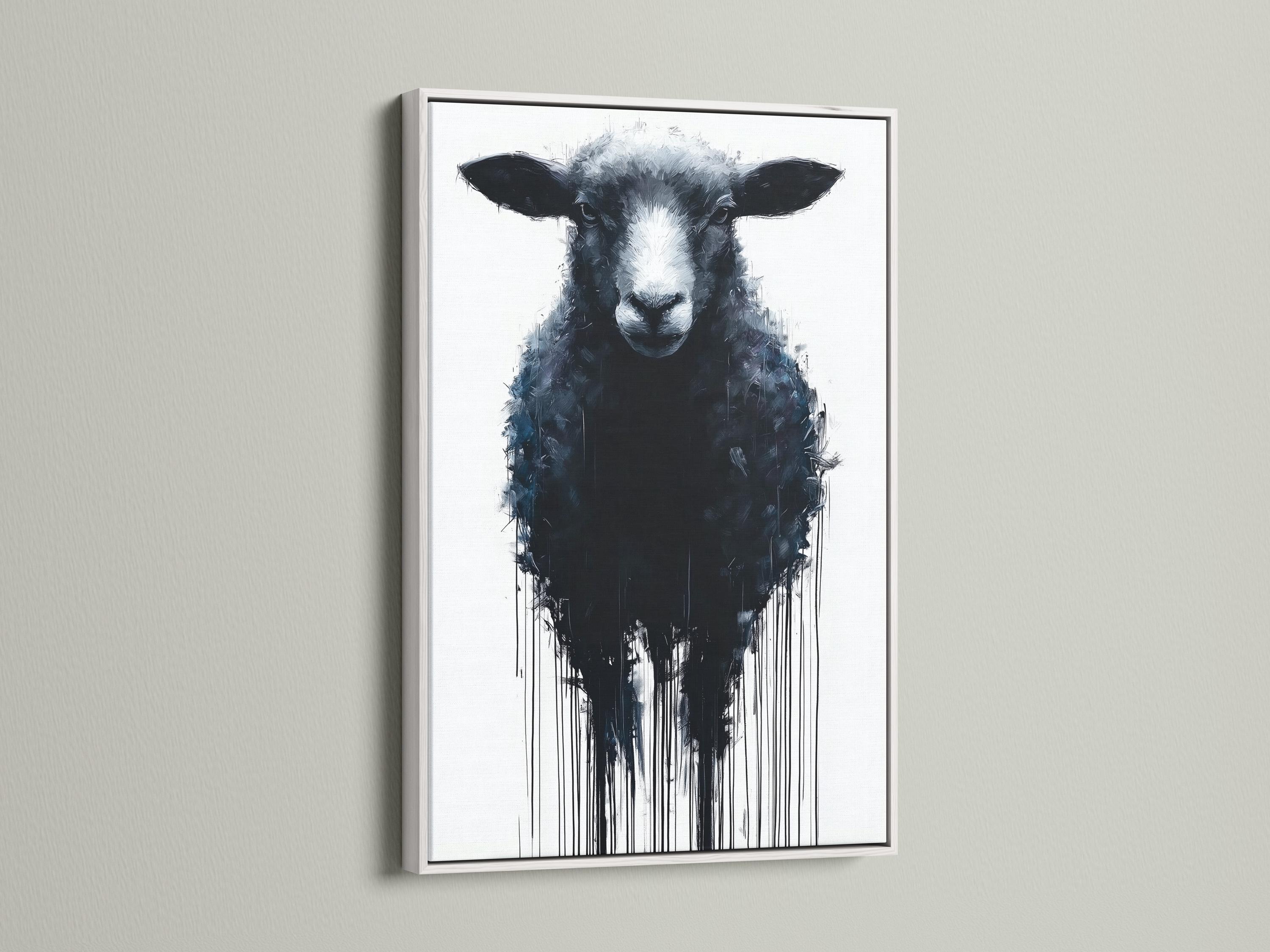 Sheep portrait artwork displayed in a bright industrial-style room