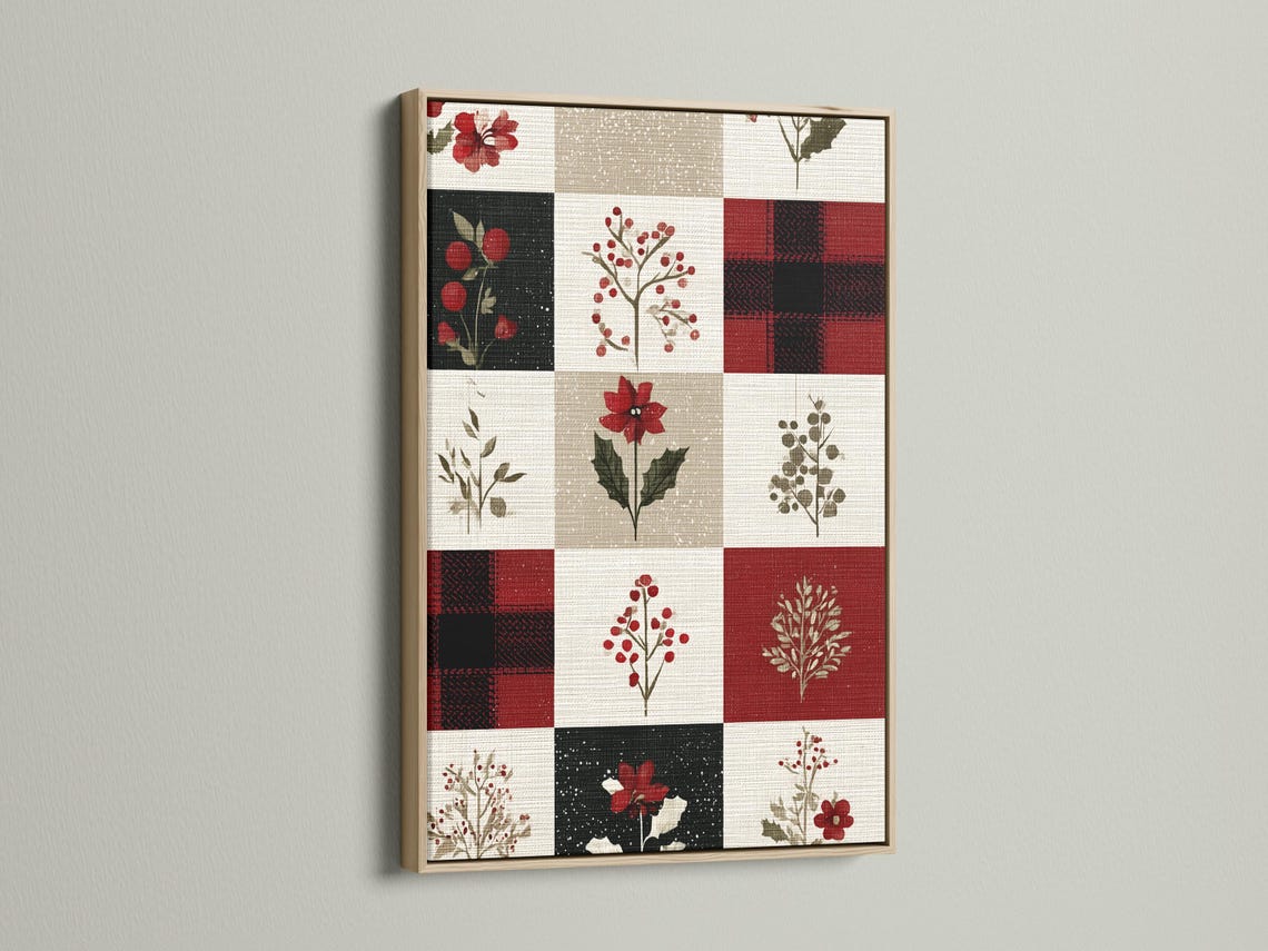 Patchwork floral artwork with red flowers and berries on cream, beige, and dark blocks detail view