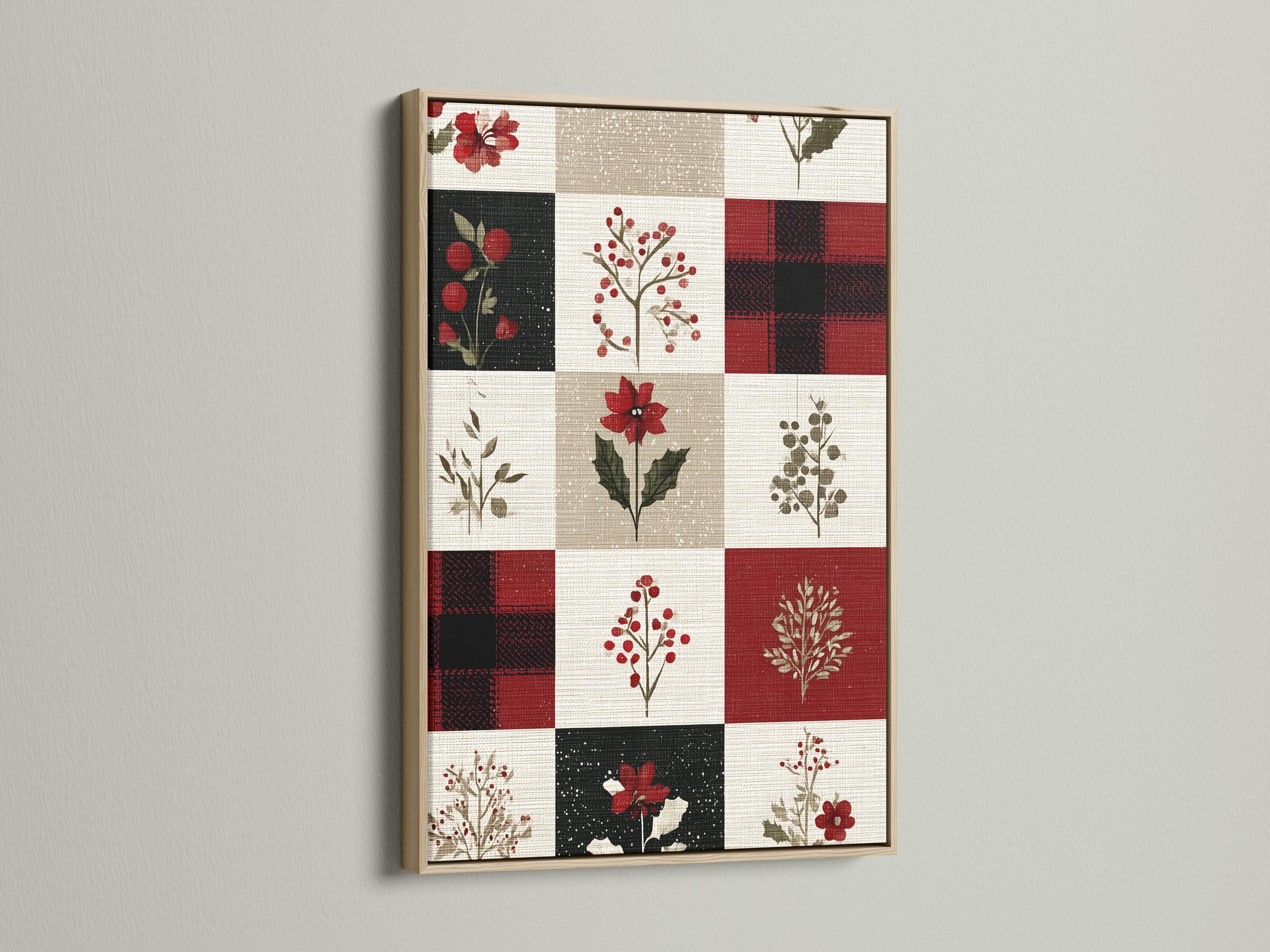 Patchwork floral artwork with red flowers and berries on cream, beige, and dark blocks detail view
