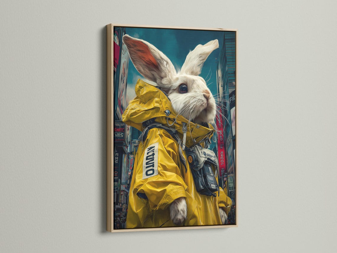 White rabbit wearing a yellow raincoat in a neon cyberpunk city scene detail view