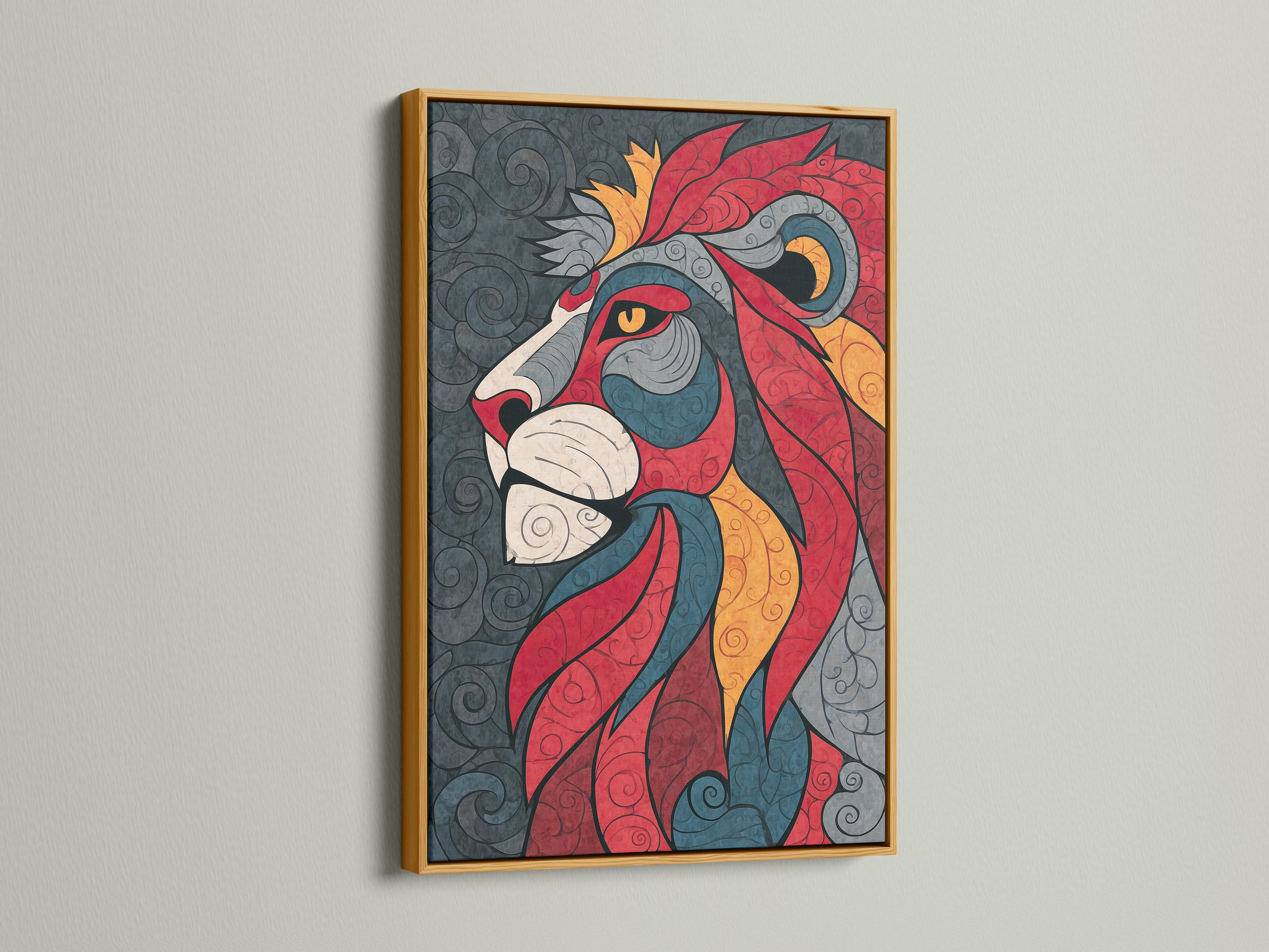 A stylised lion in bold reds, greys, and golds rests across a swirling patterned background with curled tail and mane shapes detail view