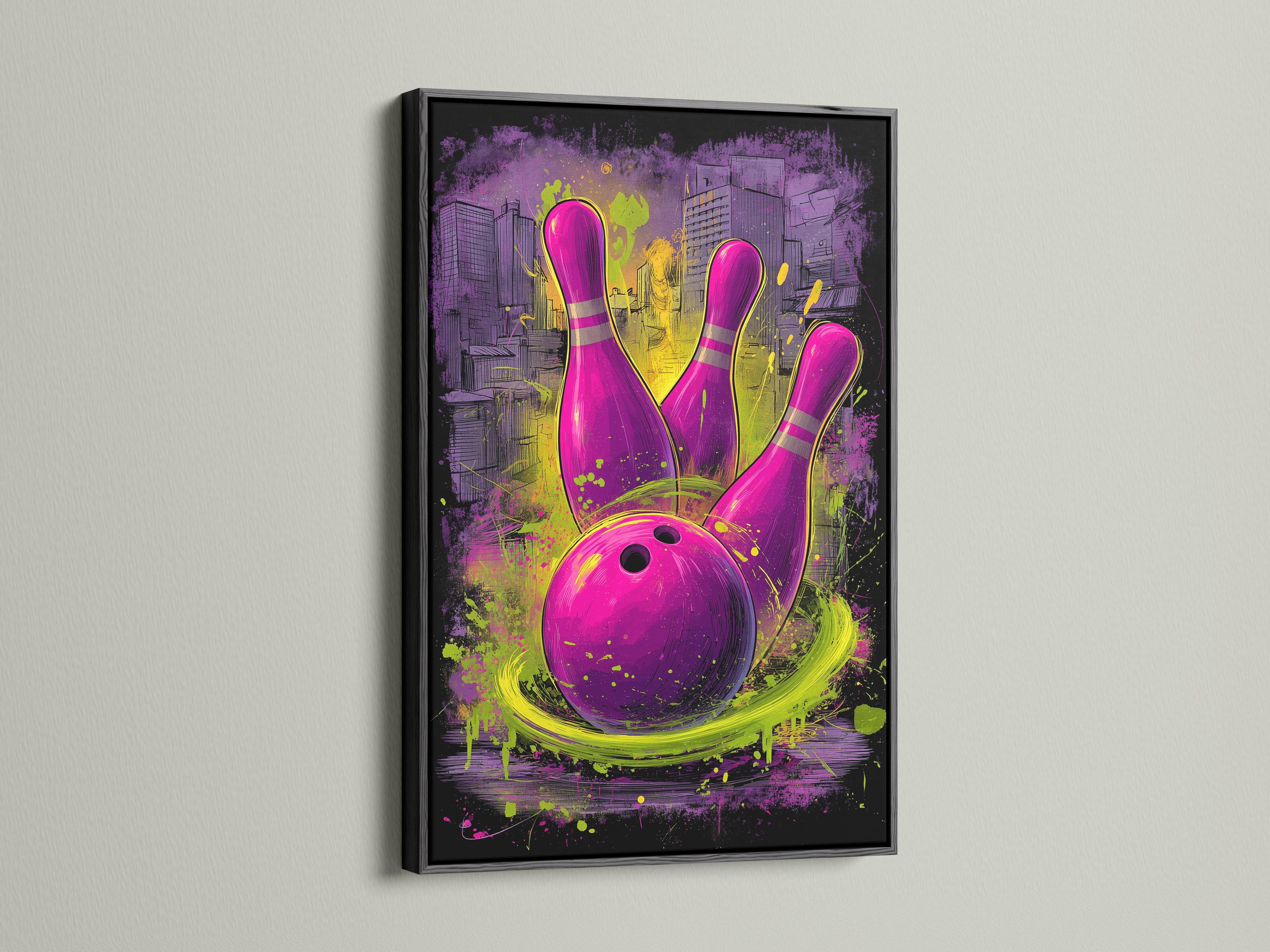 Neon purple bowling pins and ball with lime-green graffiti splashes over a city skyline detail view