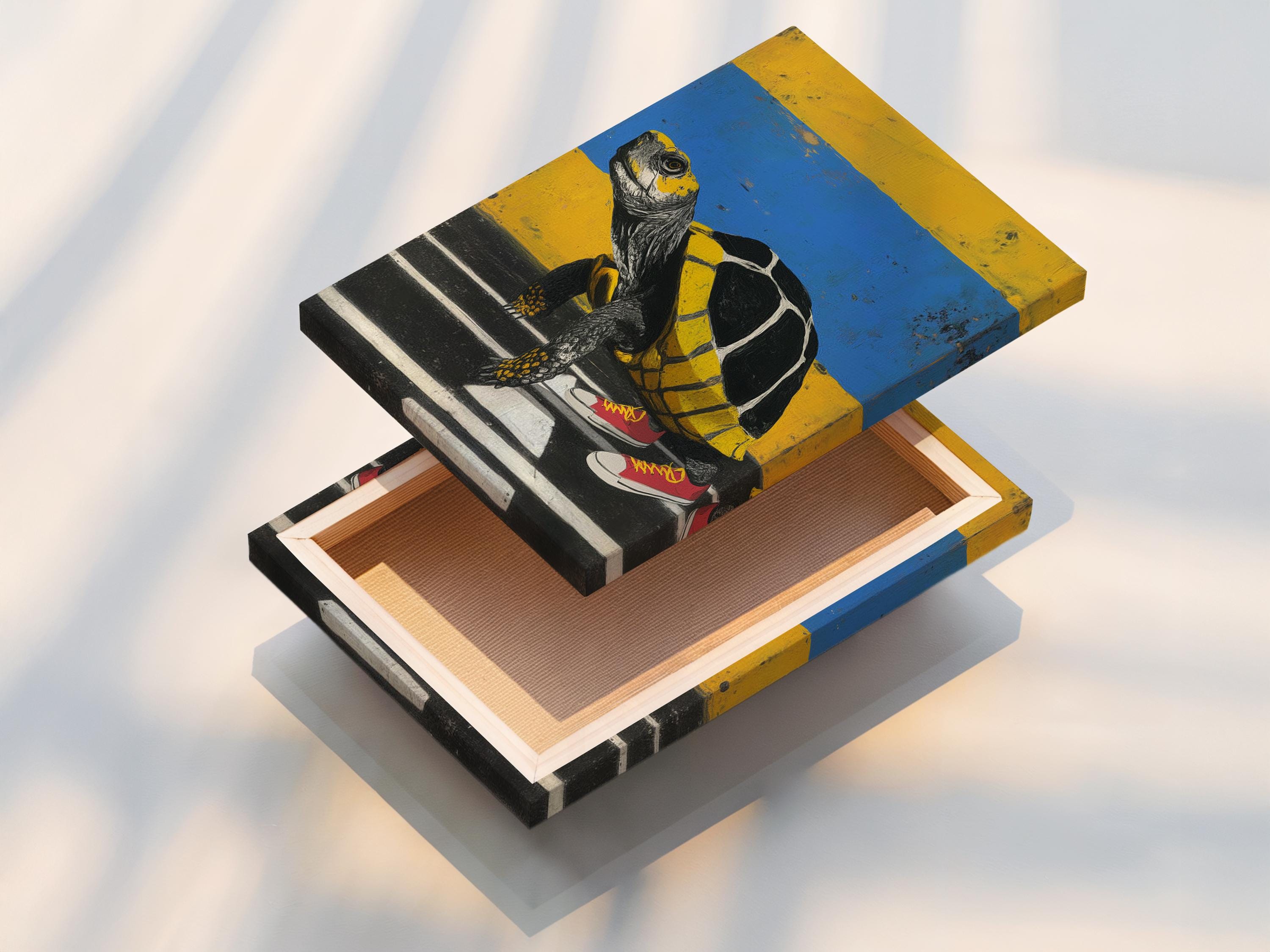 Stylised turtle wearing red sneakers on a road, with blue sky and yellow horizon detail view