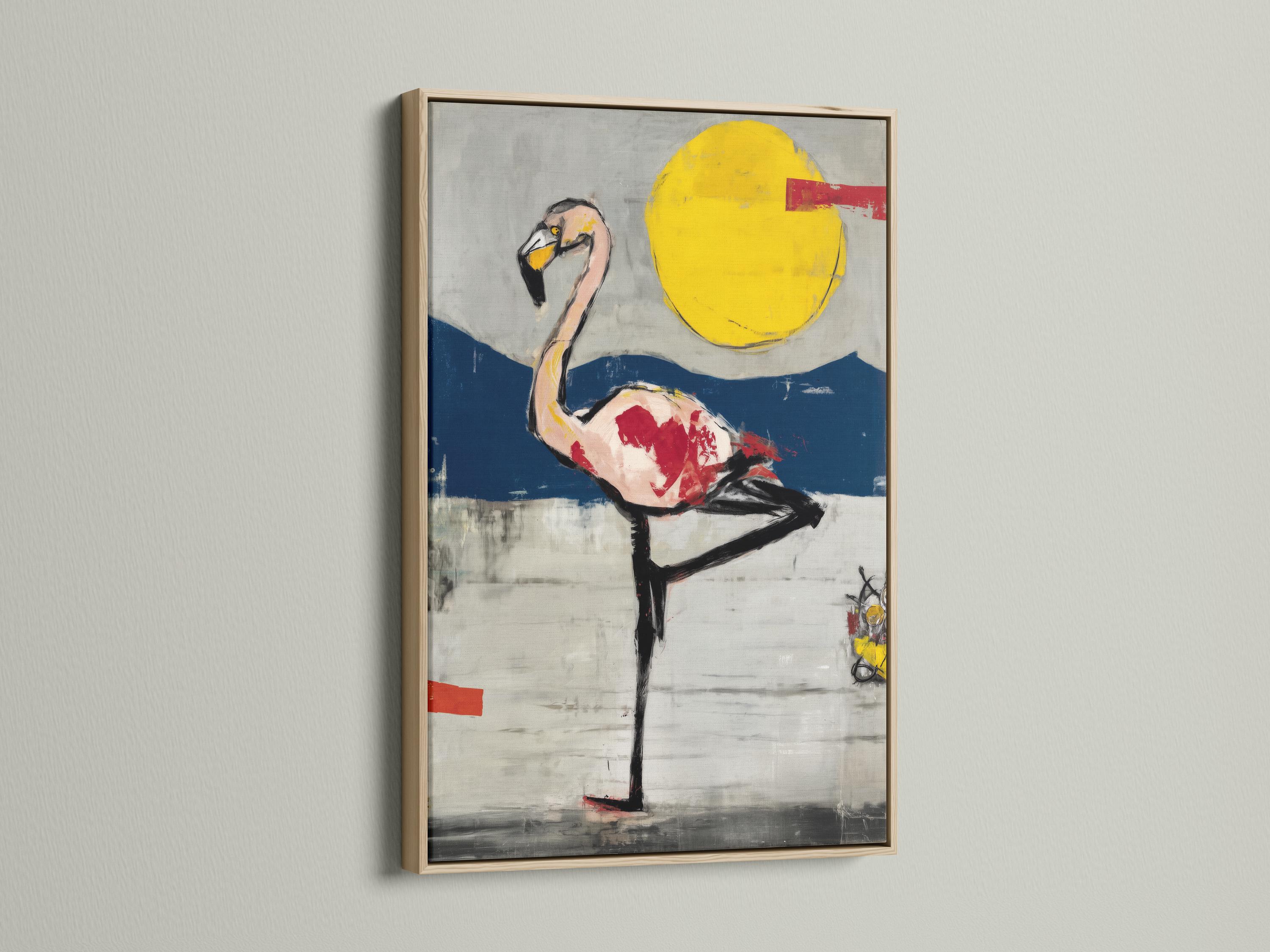 Room mockup showing a framed flamingo artwork with a yellow sun and navy blue horizon