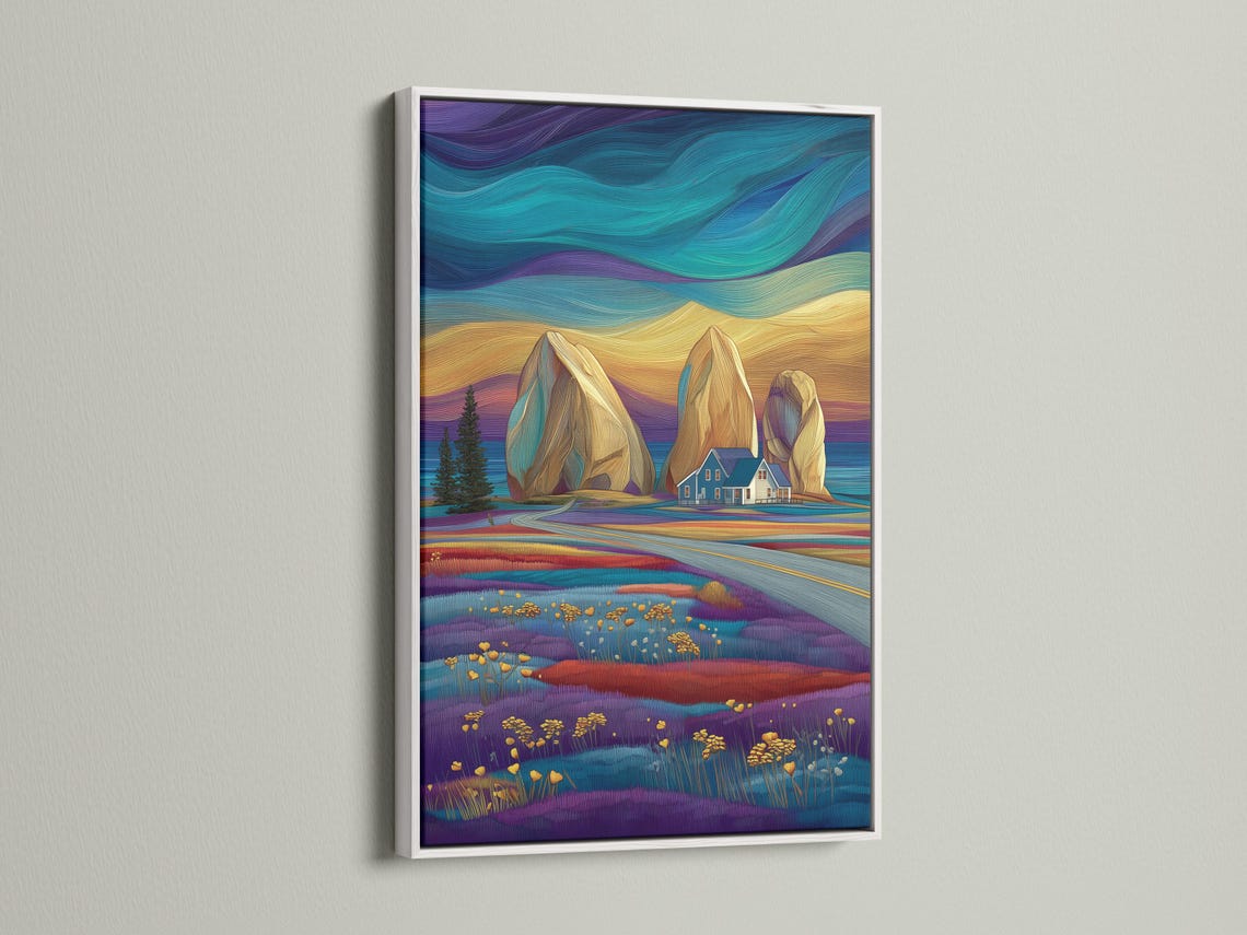 Teal and gold stylised mountain landscape with purple fields, a small house and scattered golden flower heads detail view