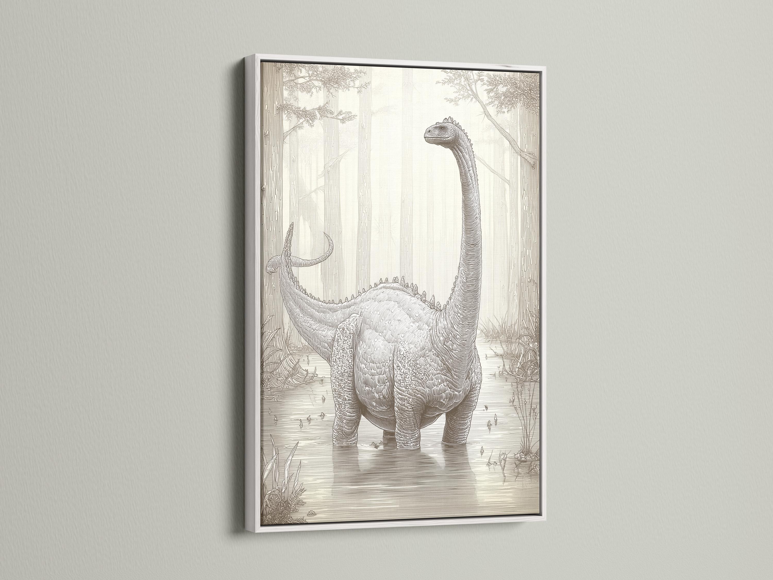 Neutral brontosaurus dinosaur sketch with a forest background in beige and charcoal grey linework detail view