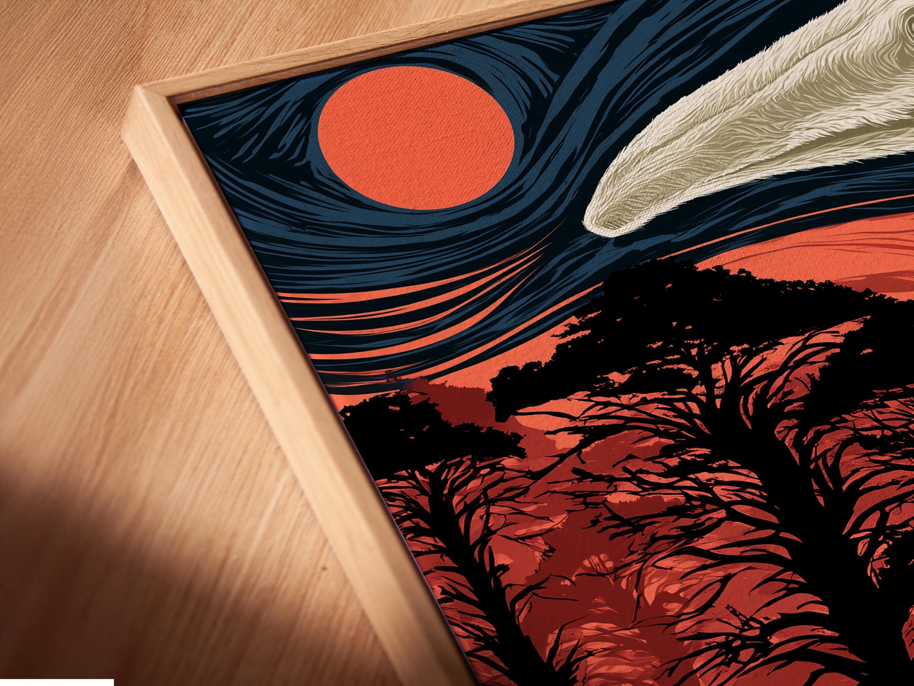 Stylised polar bear scene with a red sun, dark forest silhouettes, pale animals and a sailboat detail view