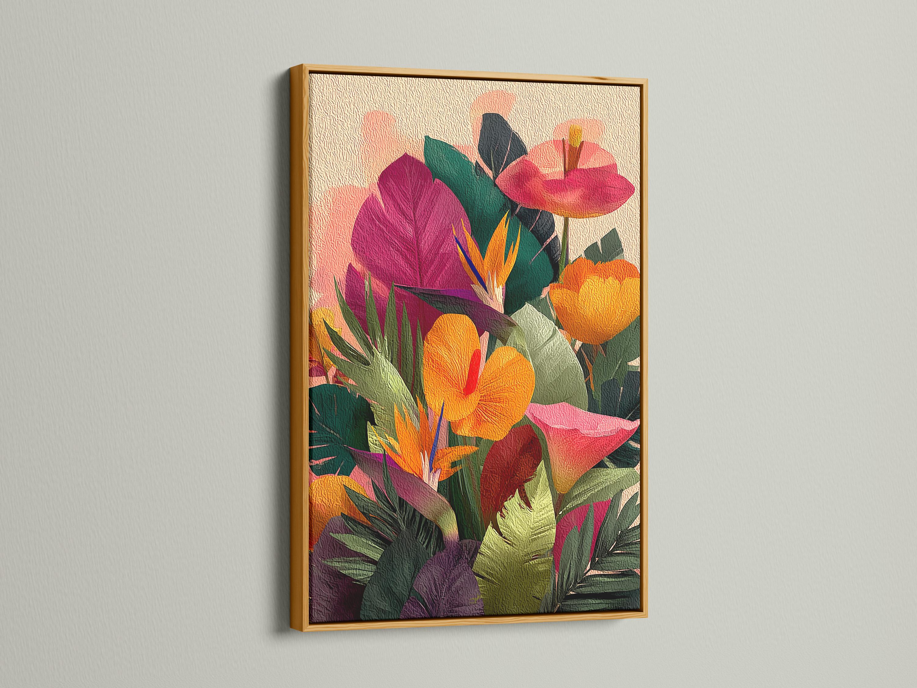 Tropical floral artwork mockup displayed on a wall with framed options shown