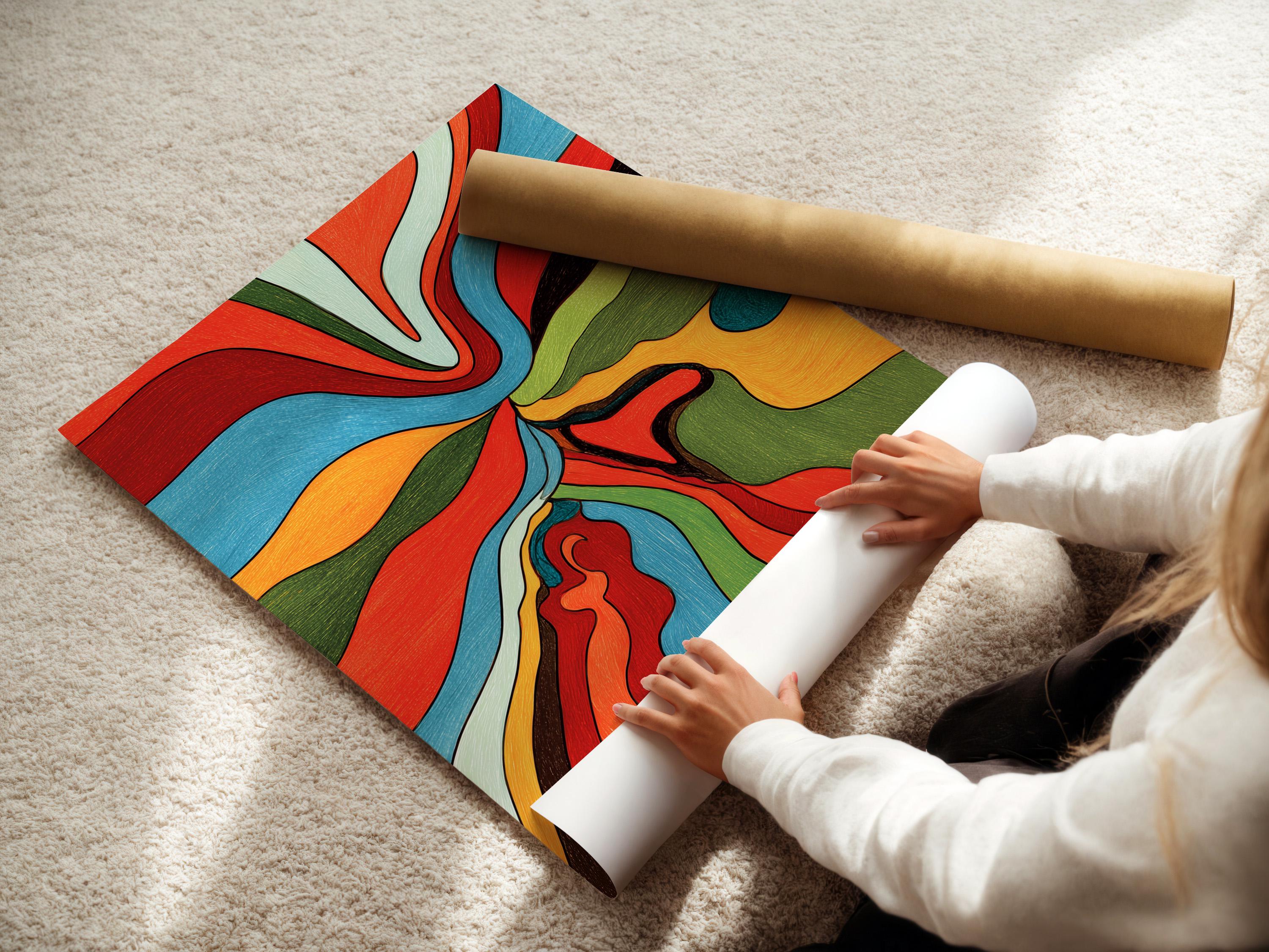 Room mockup featuring a framed abstract wave artwork in red, blue, green and orange