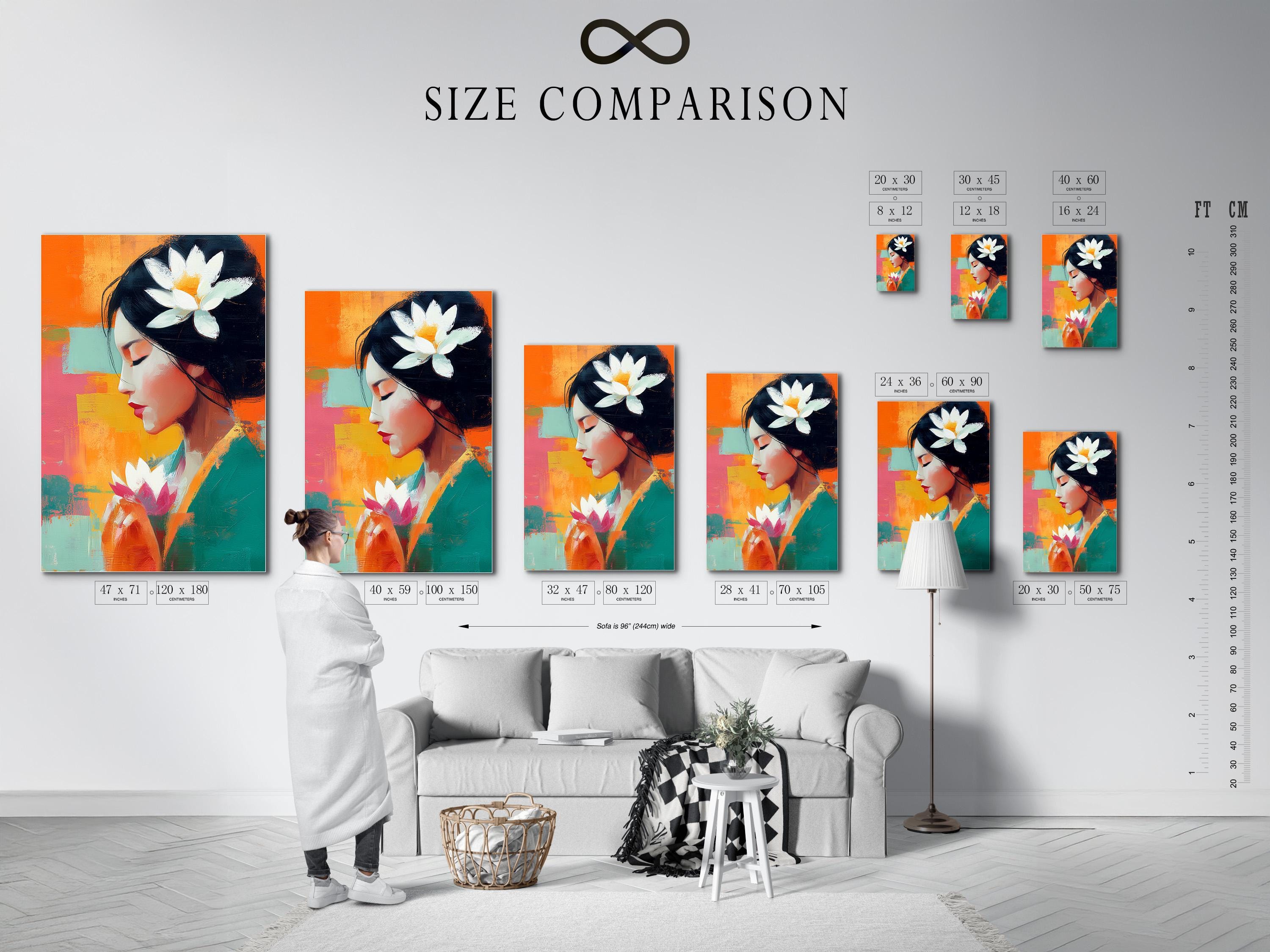 An abstract portrait of a woman in side profile appears alongside large lotus flowers, set against bright patchwork colours with bold painterly brush