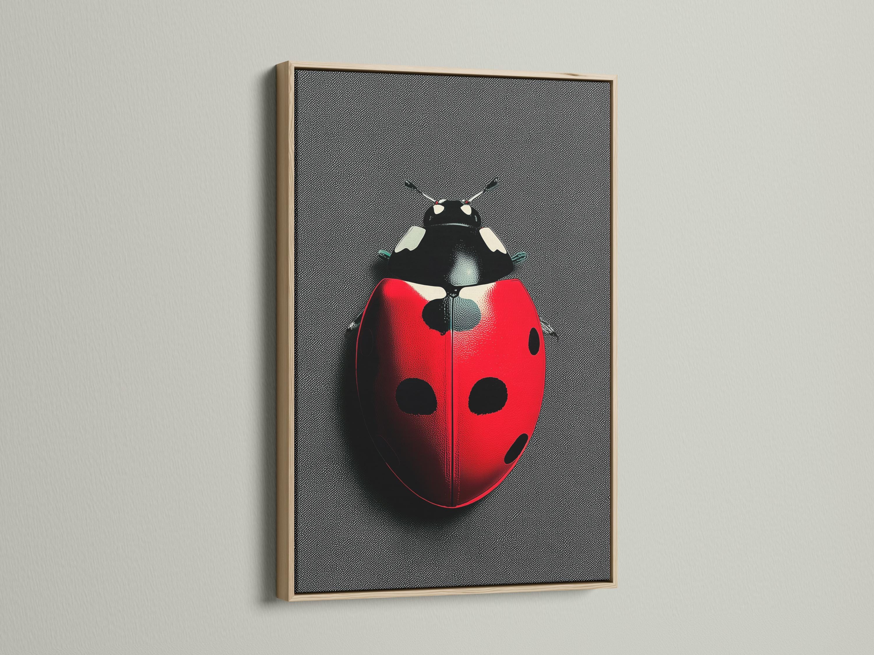 Ladybug beetle artwork displayed in a frame on a wall with hanging accessories to one side